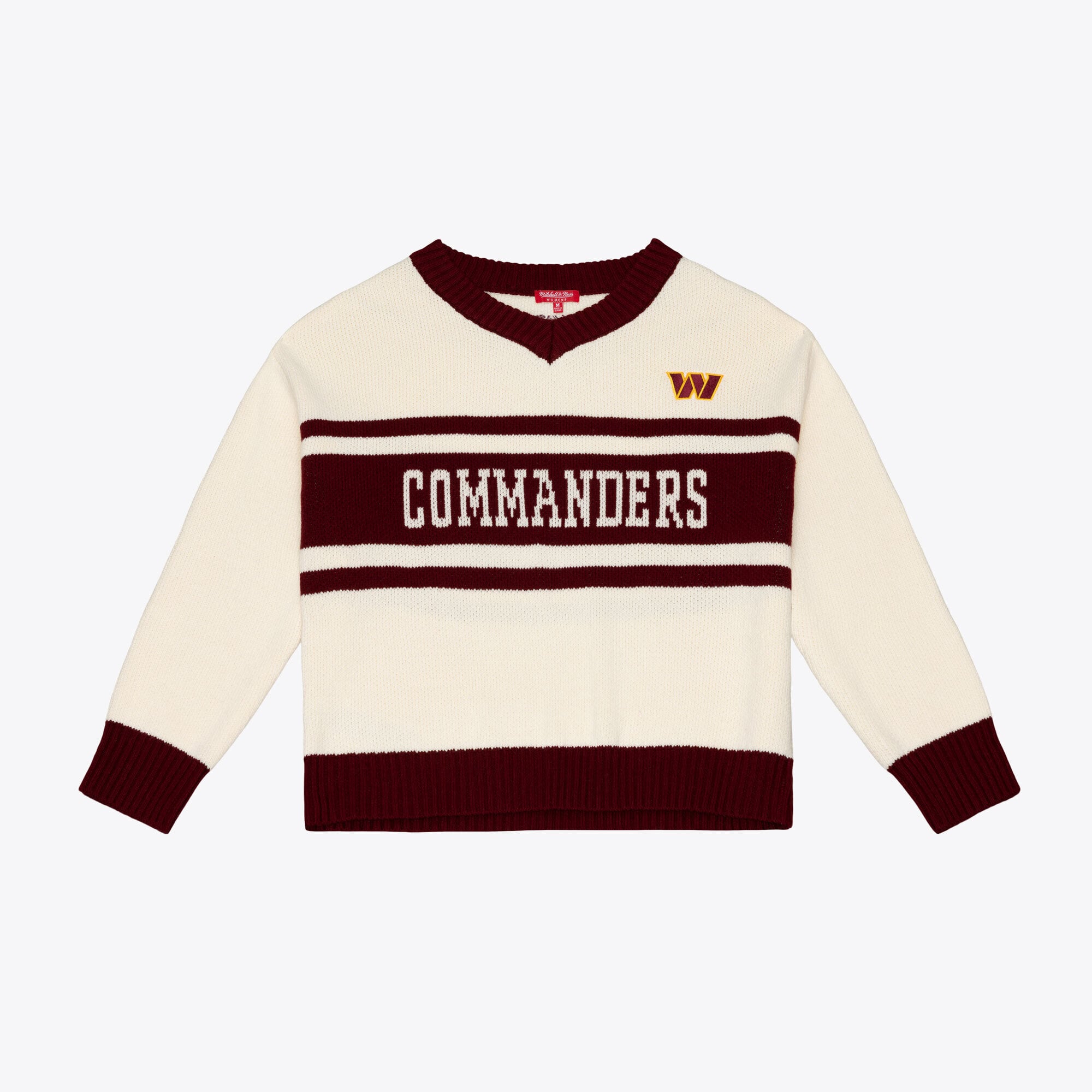 Pull col V Mitchell & Ness crème/noir Washington Commanders Retro Roots pour femme