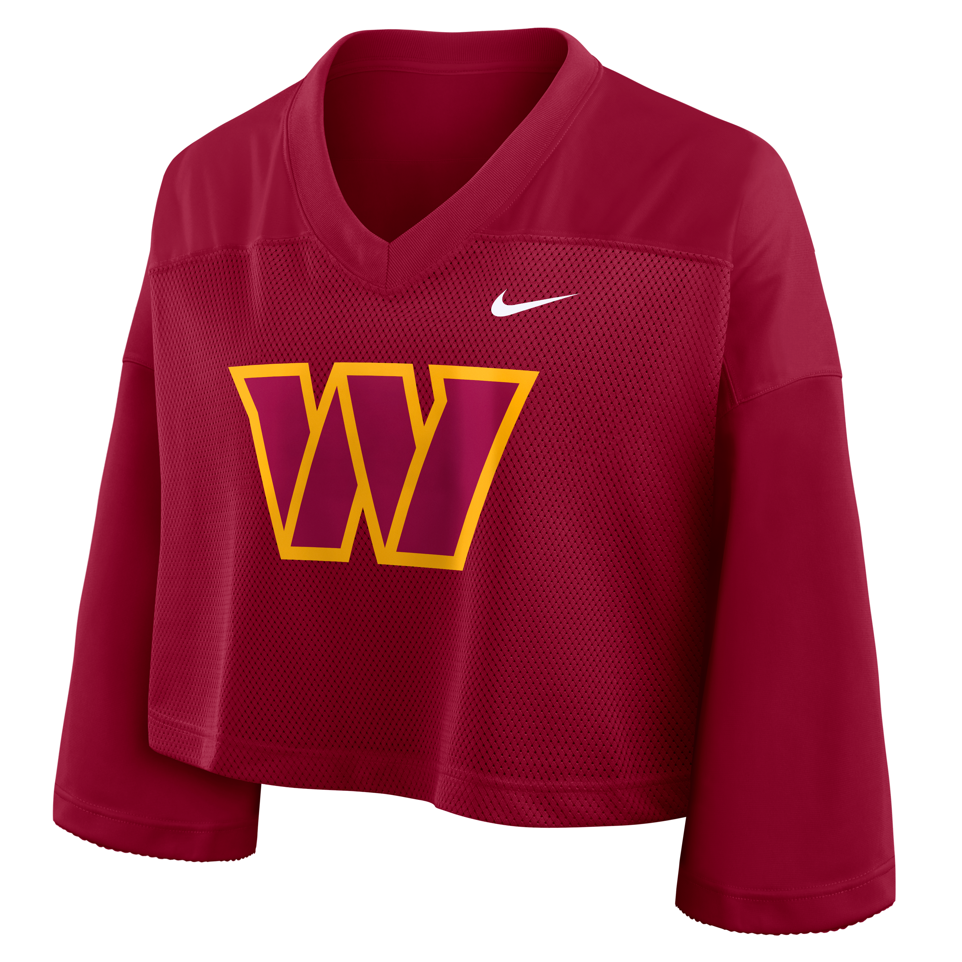 Maillot de mode court en maille Dri-FIT Nike pour femme, modèle Washington Commanders Rewind, couleur bordeaux.