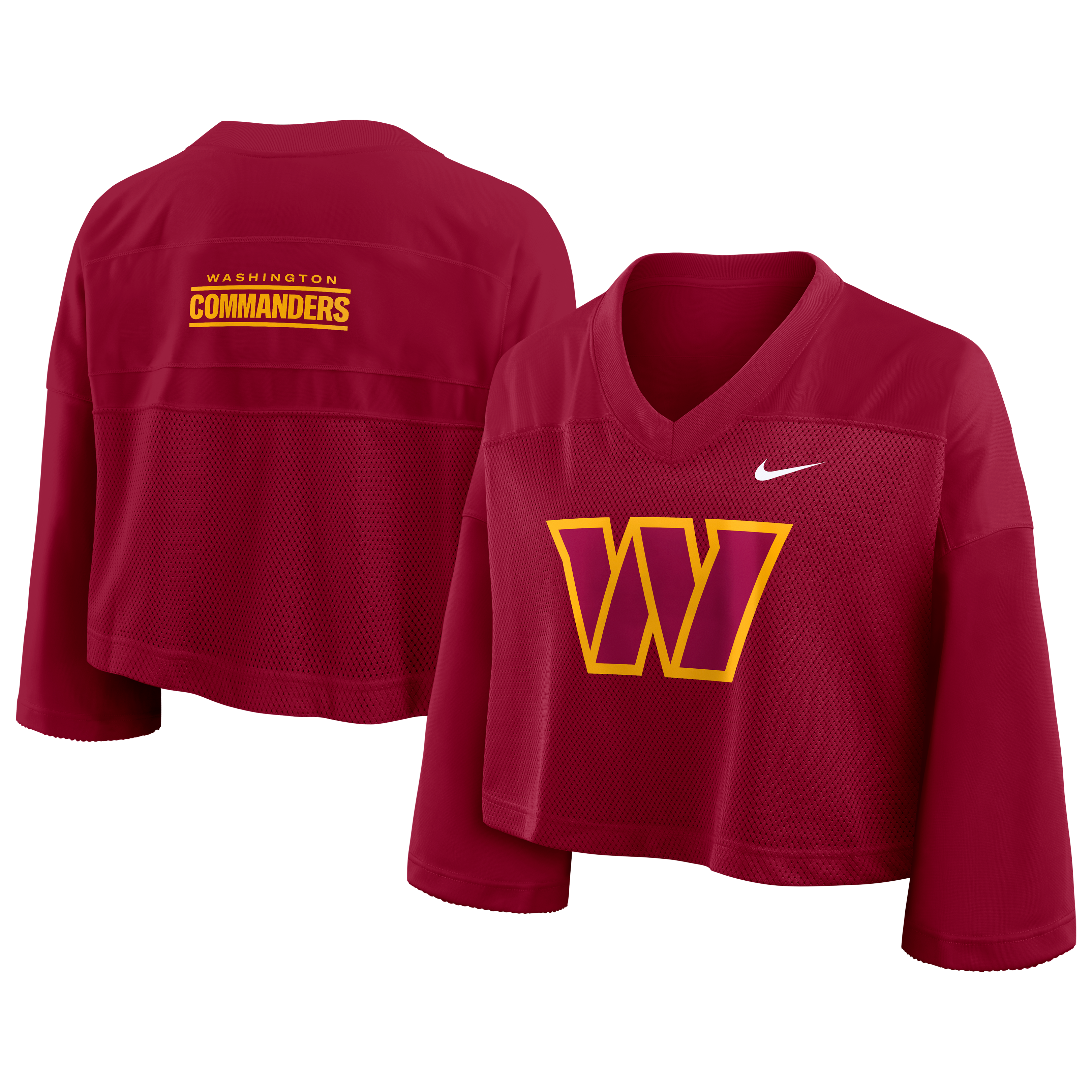 Maillot de mode court en maille Dri-FIT Nike pour femme, modèle Washington Commanders Rewind, couleur bordeaux.