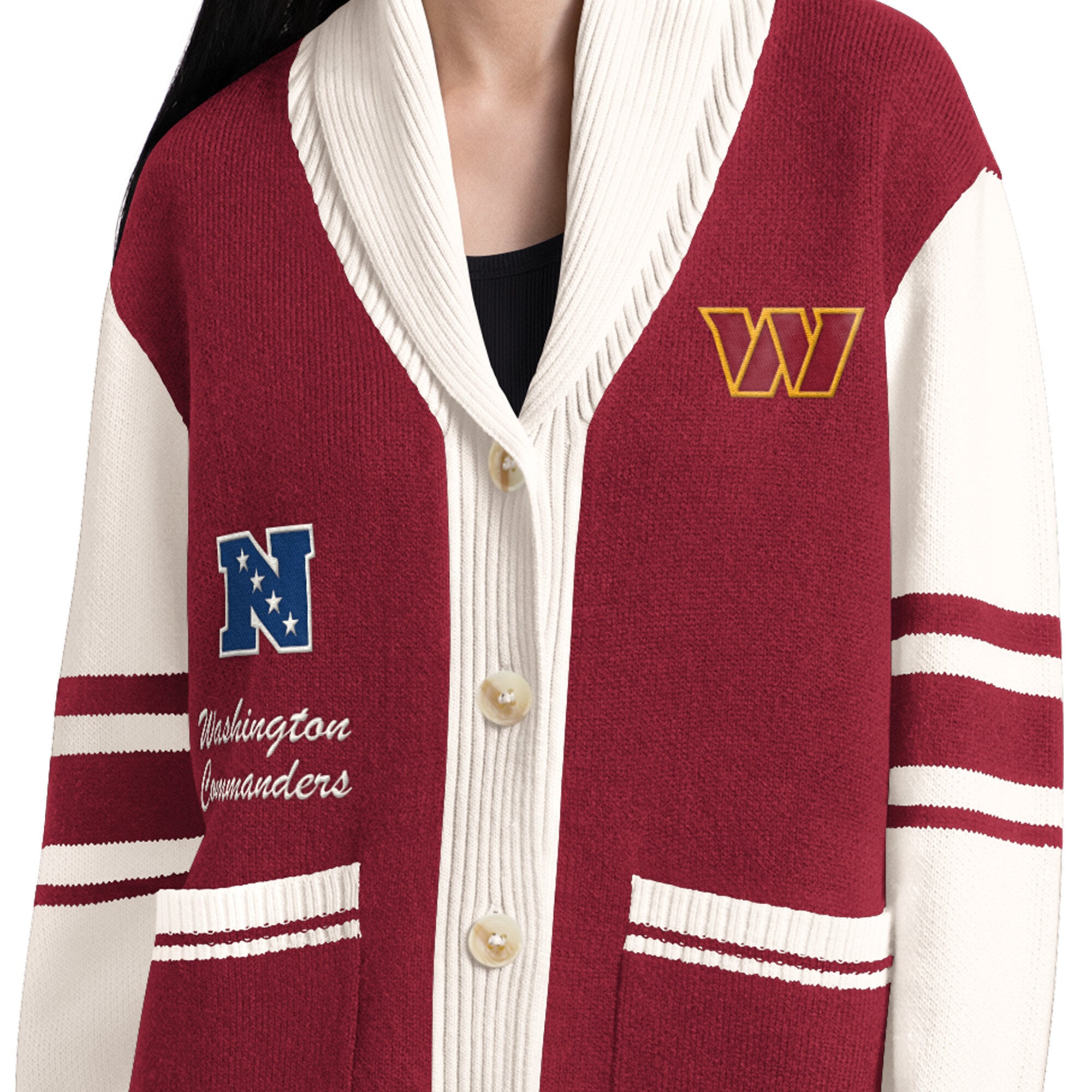 Gilet boutonné à col châle Strike Zone, couleur bordeaux, pour femme, de la marque Starter Washington Commanders.