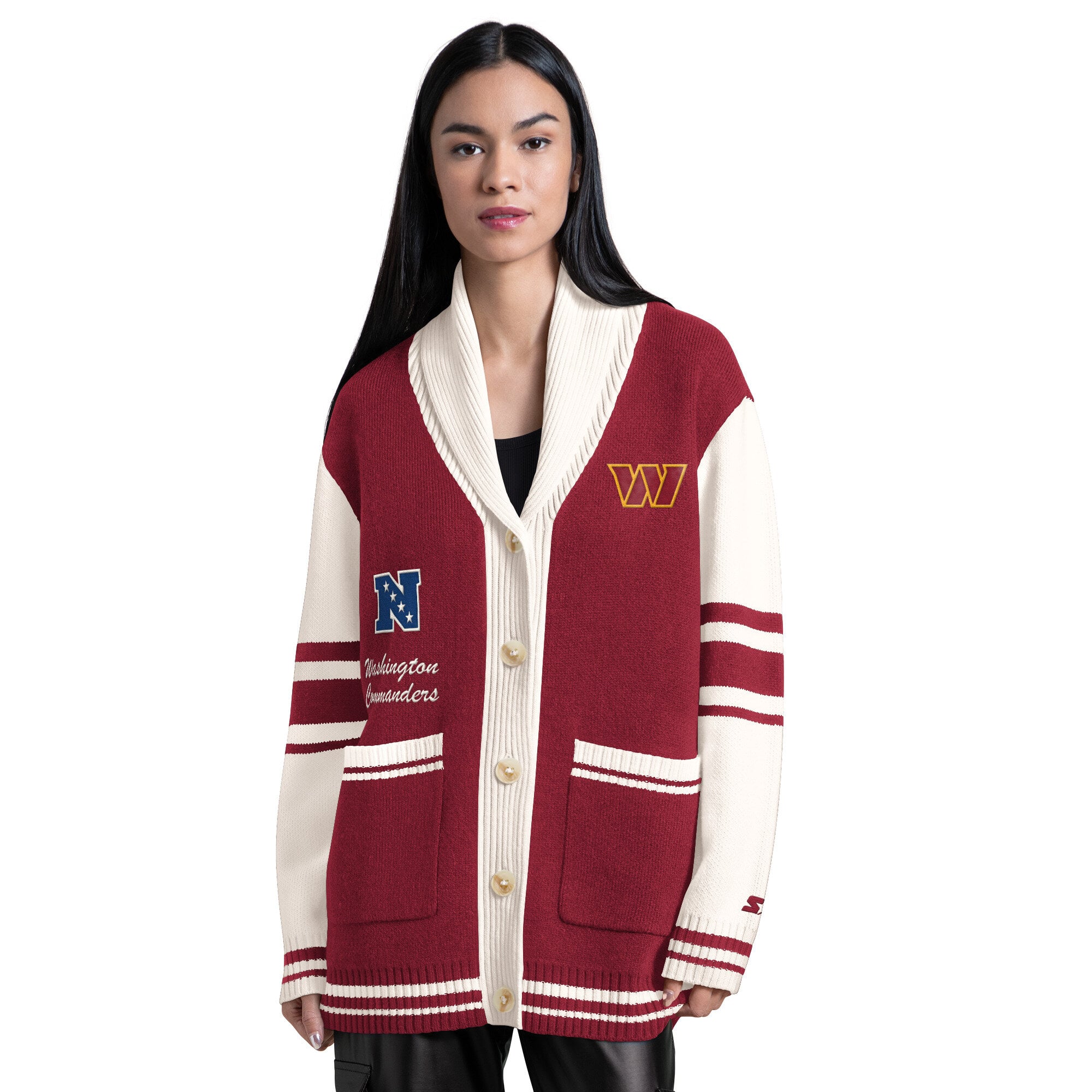 Gilet boutonné à col châle Strike Zone, couleur bordeaux, pour femme, de la marque Starter Washington Commanders.