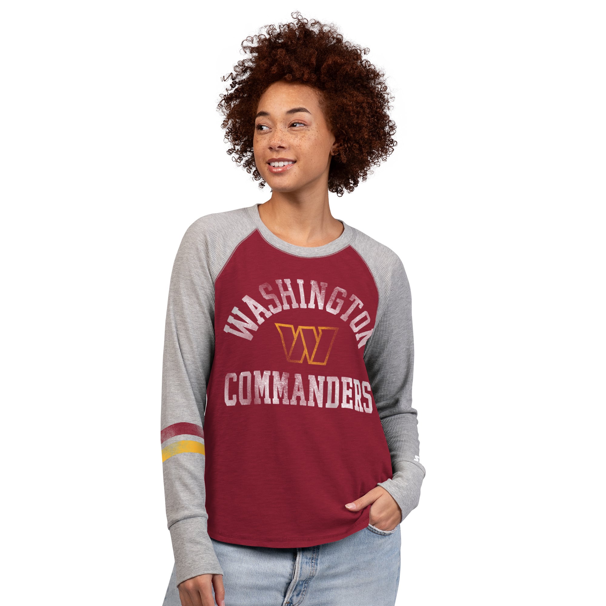 T-shirt à manches longues raglan en maille gaufrée Starter pour femmes, couleur bordeaux/gris, Washington Commanders