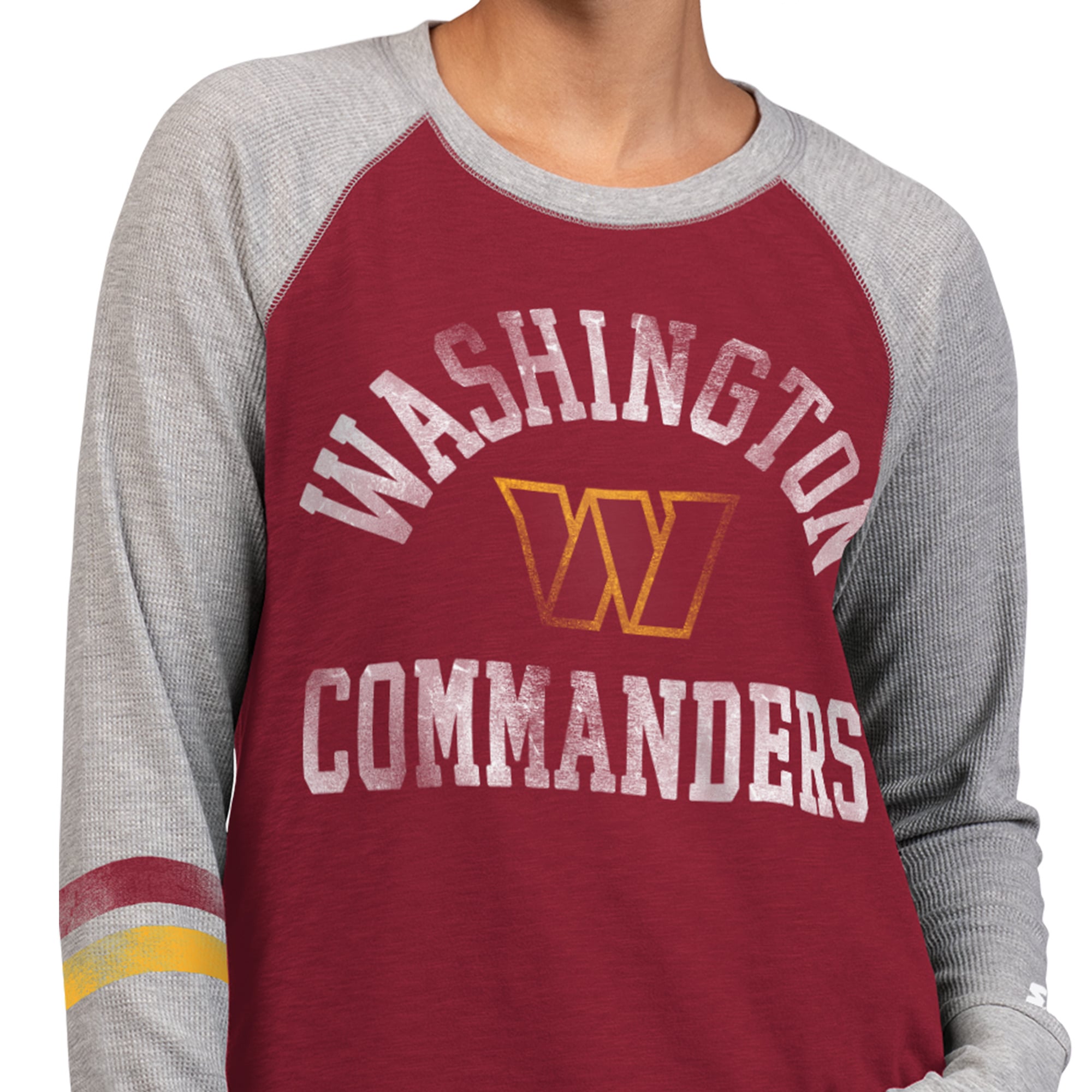 T-shirt à manches longues raglan en maille gaufrée Starter pour femmes, couleur bordeaux/gris, Washington Commanders