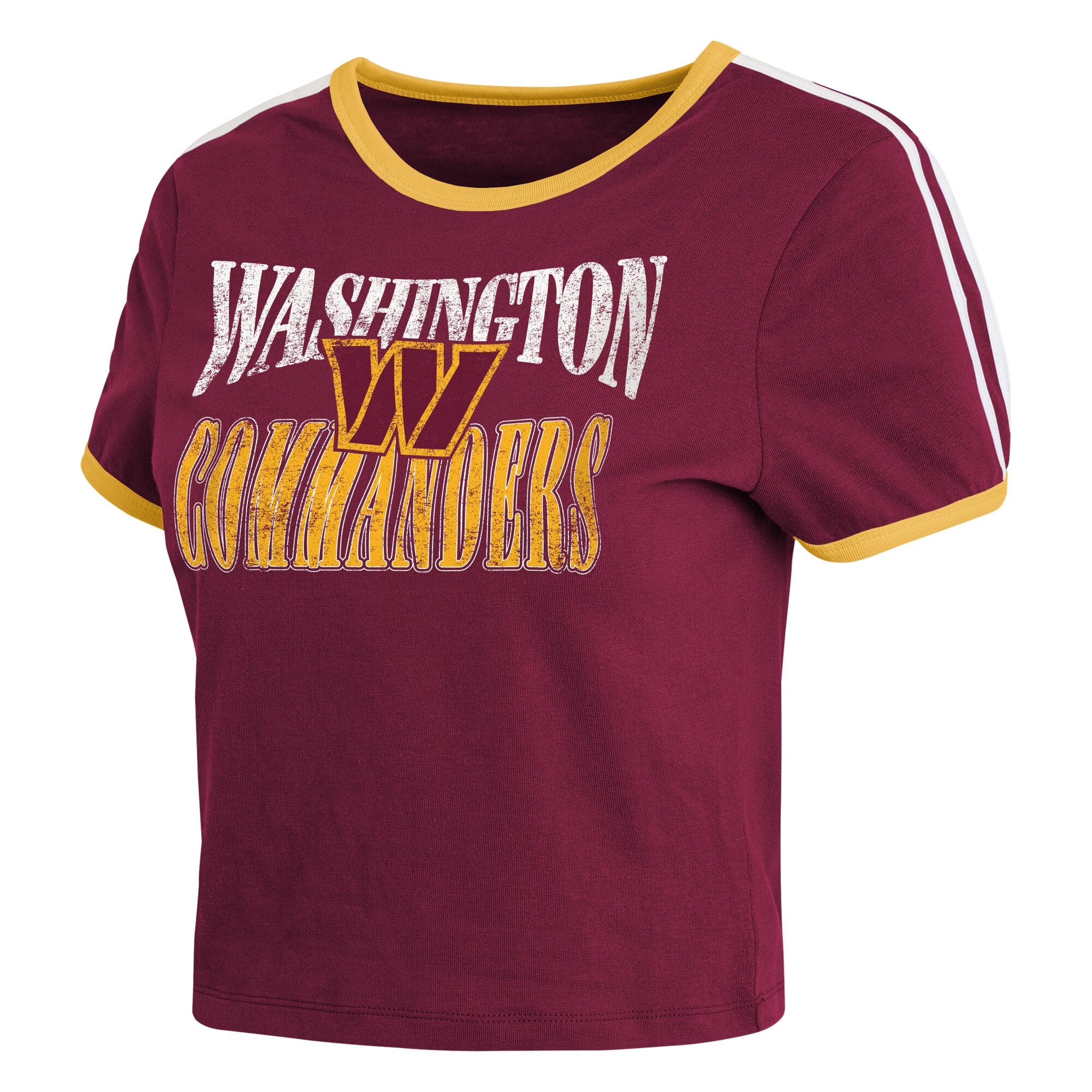 Women's WEAR by Erin Andrews Burgundy Washington Commanders Cropped Throwback Ringer Baby T-Shirt
