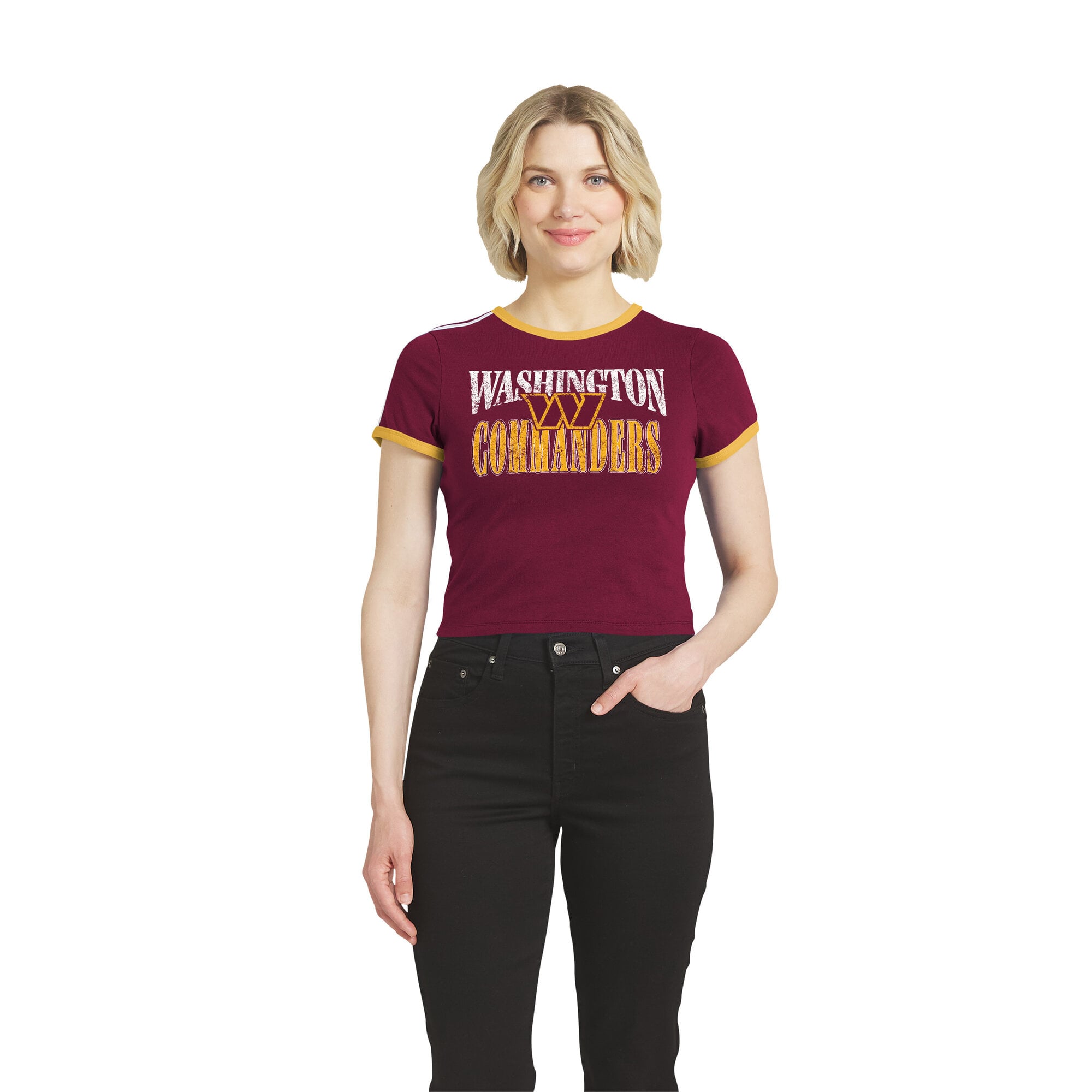 Women's WEAR by Erin Andrews  Burgundy Washington Commanders Cropped Throwback Ringer Baby T-Shirt