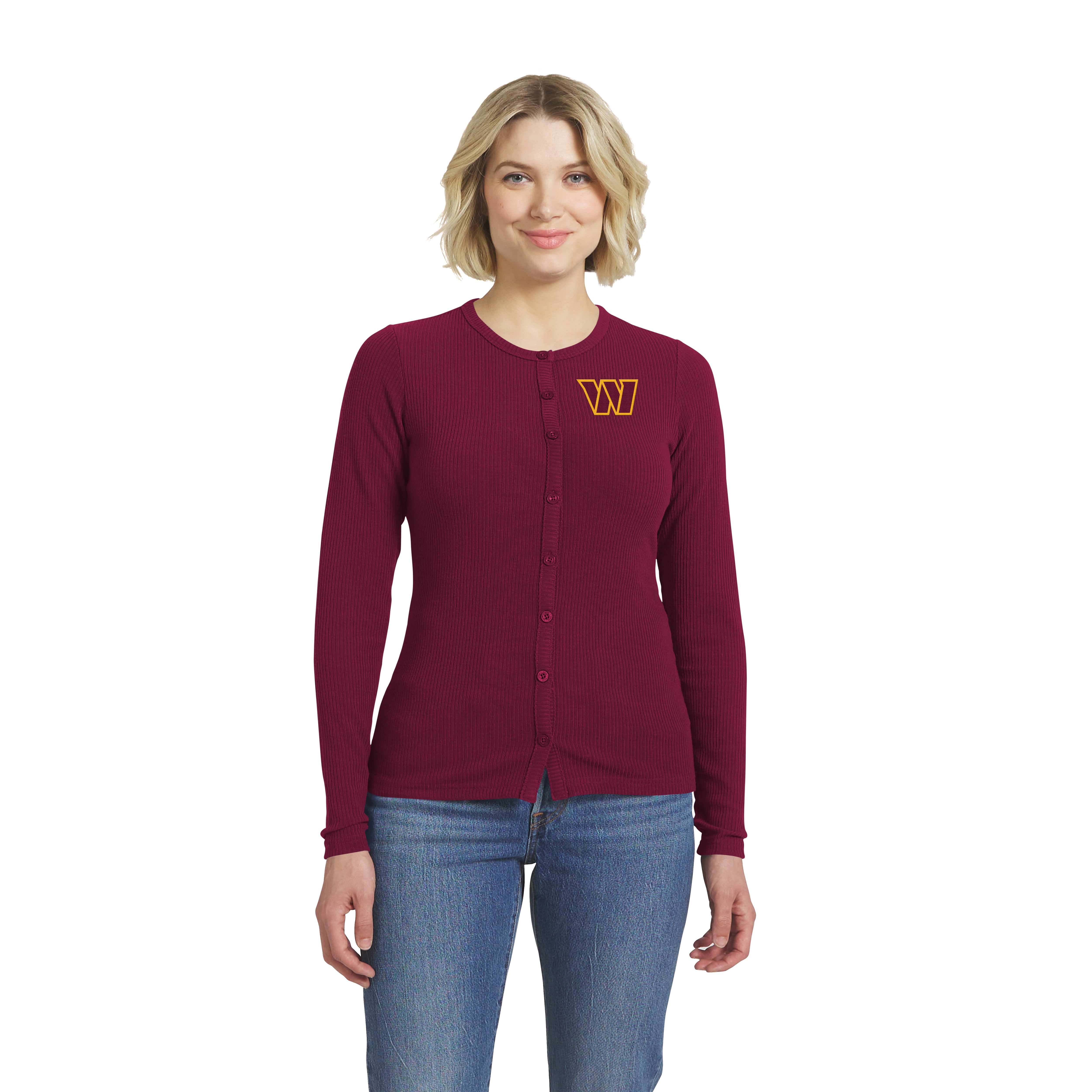 Women's WEAR by Erin Andrews Burgundy Washington Commanders Ribbed Full-Button Cardigan Sweater