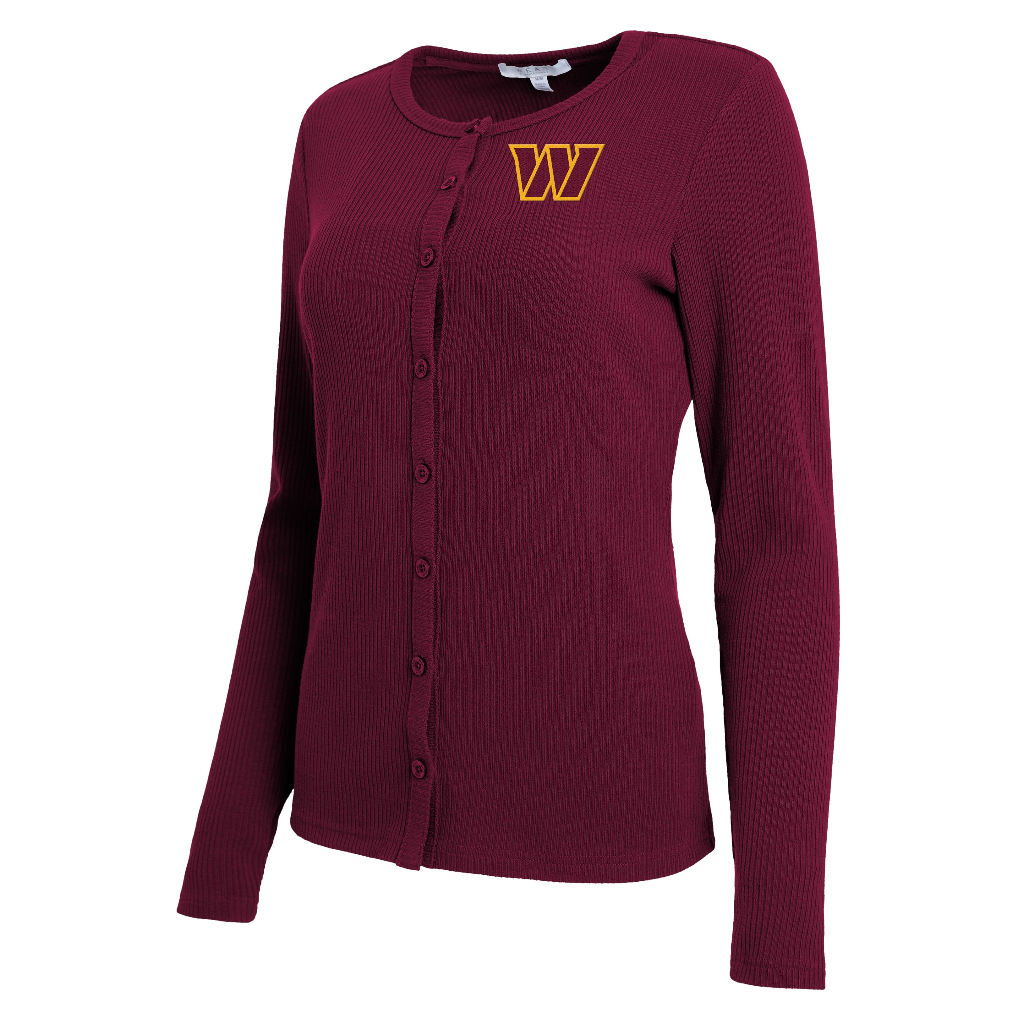 Women's WEAR by Erin Andrews Burgundy Washington Commanders Ribbed Full-Button Cardigan Sweater