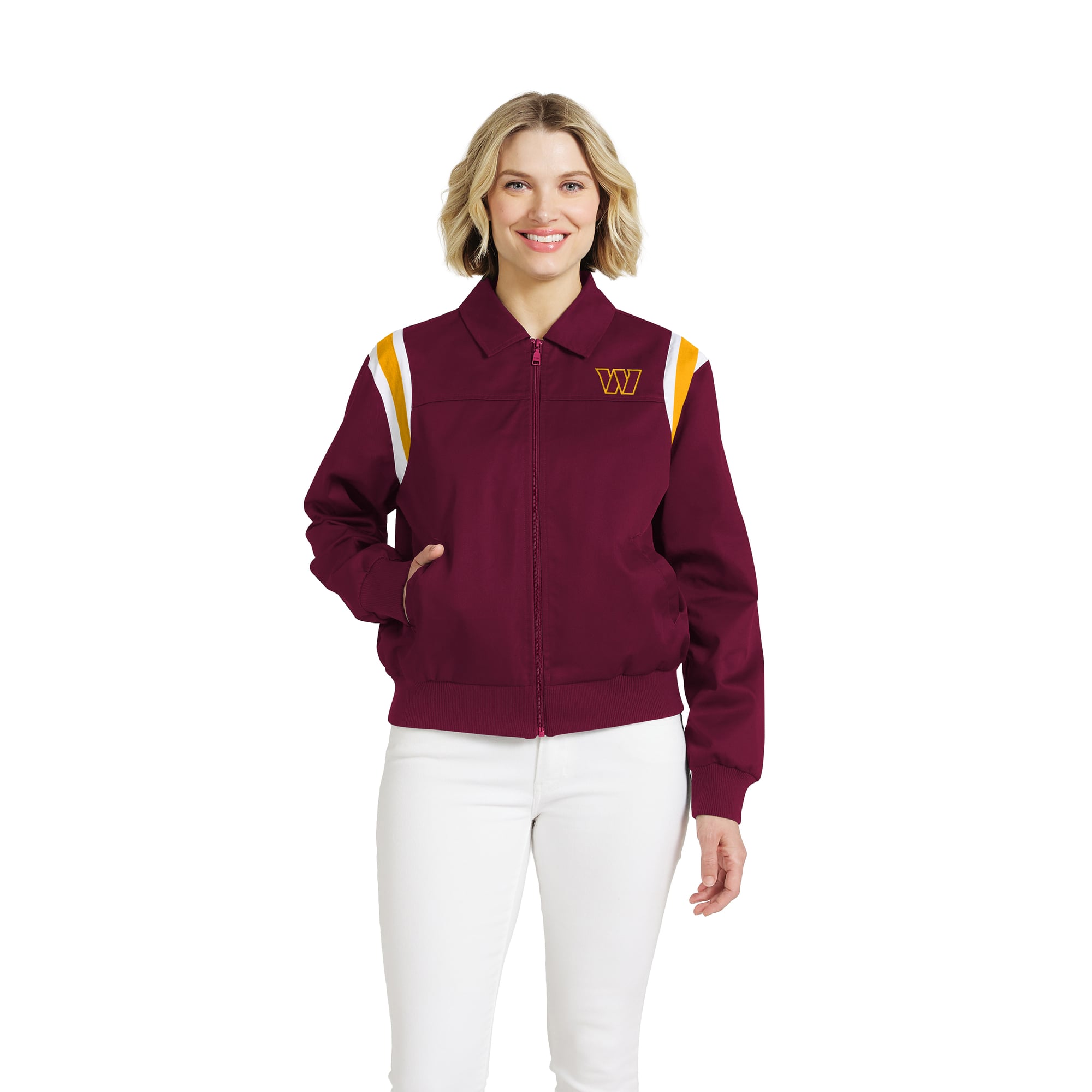 Veste zippée intégrale en sergé à rayures d'épaule bordeaux Washington Commanders de la marque WEAR by Erin Andrews pour femme