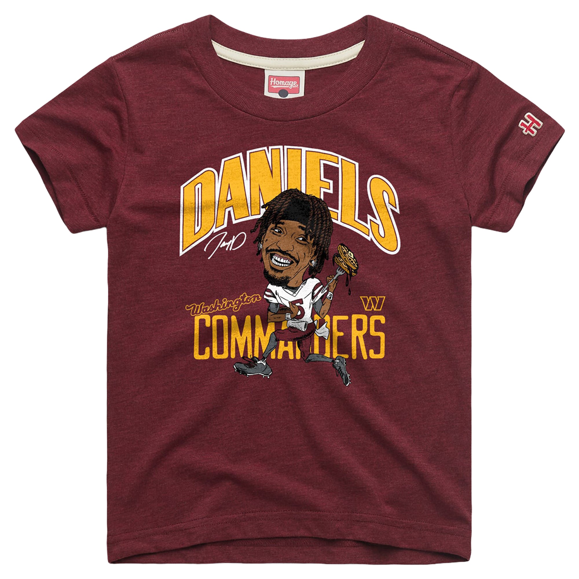 T-shirt caricature des commandants de Washington, hommage à Jayden Daniels, couleur bordeaux, pour jeunes