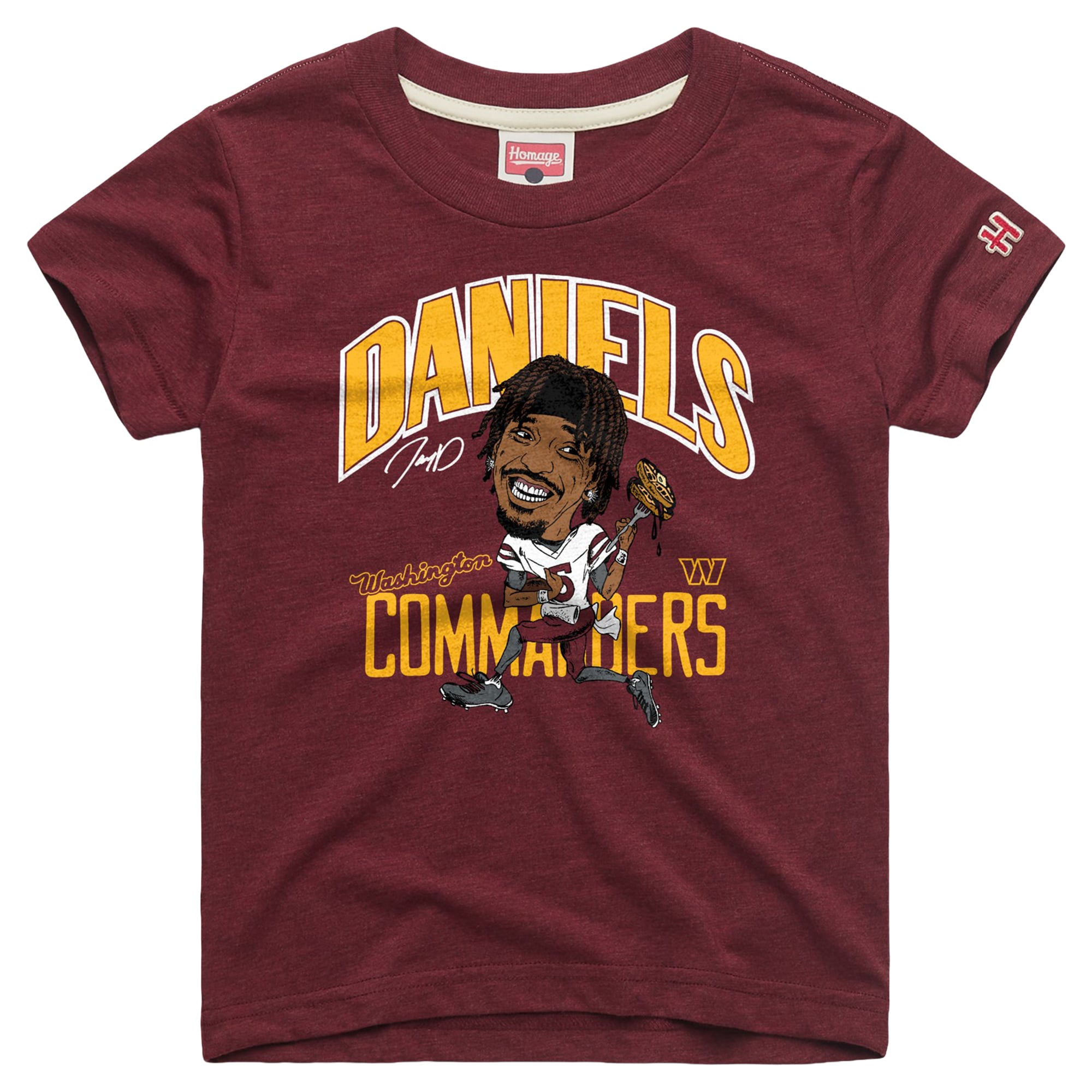 T-shirt en mélange de trois matières, hommage à Jayden Daniels, joueur des Washington Commanders, couleur bordeaux.