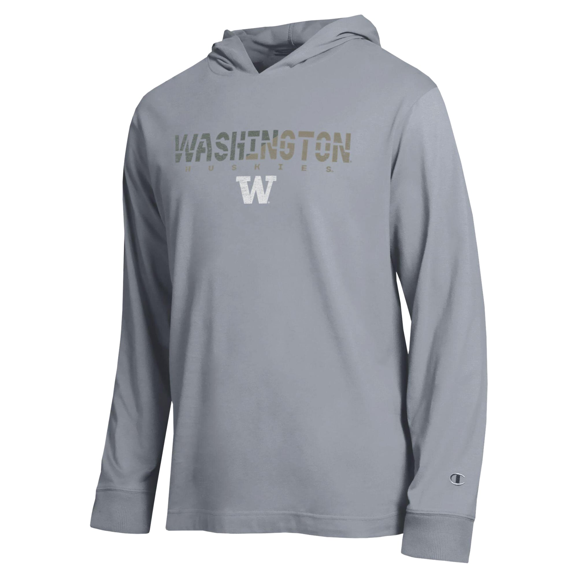 Men's Champion Gray Washington Huskies Operation Hat Trick Flag Hooded Long Sleeve T-Shirt