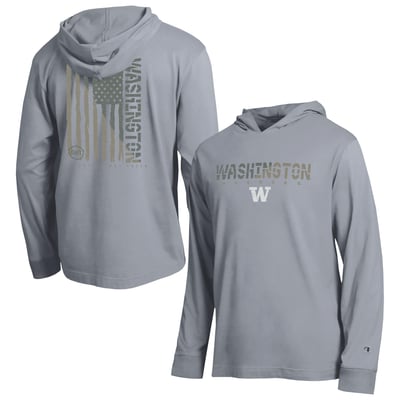  Washington Huskies Champion Operation Hat Trick Flag Hooded Long Sleeve T-Shirt - Gray