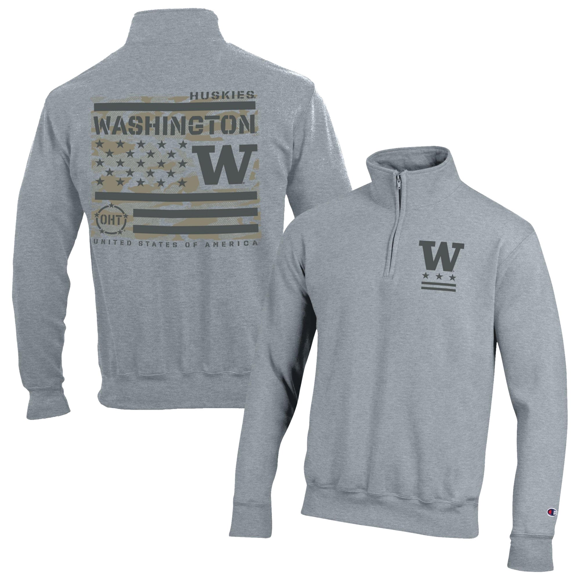 Men's Champion  Gray Washington Huskies Operation Hat Trick Flag Powerblend Fleece Quarter-Zip Pullover