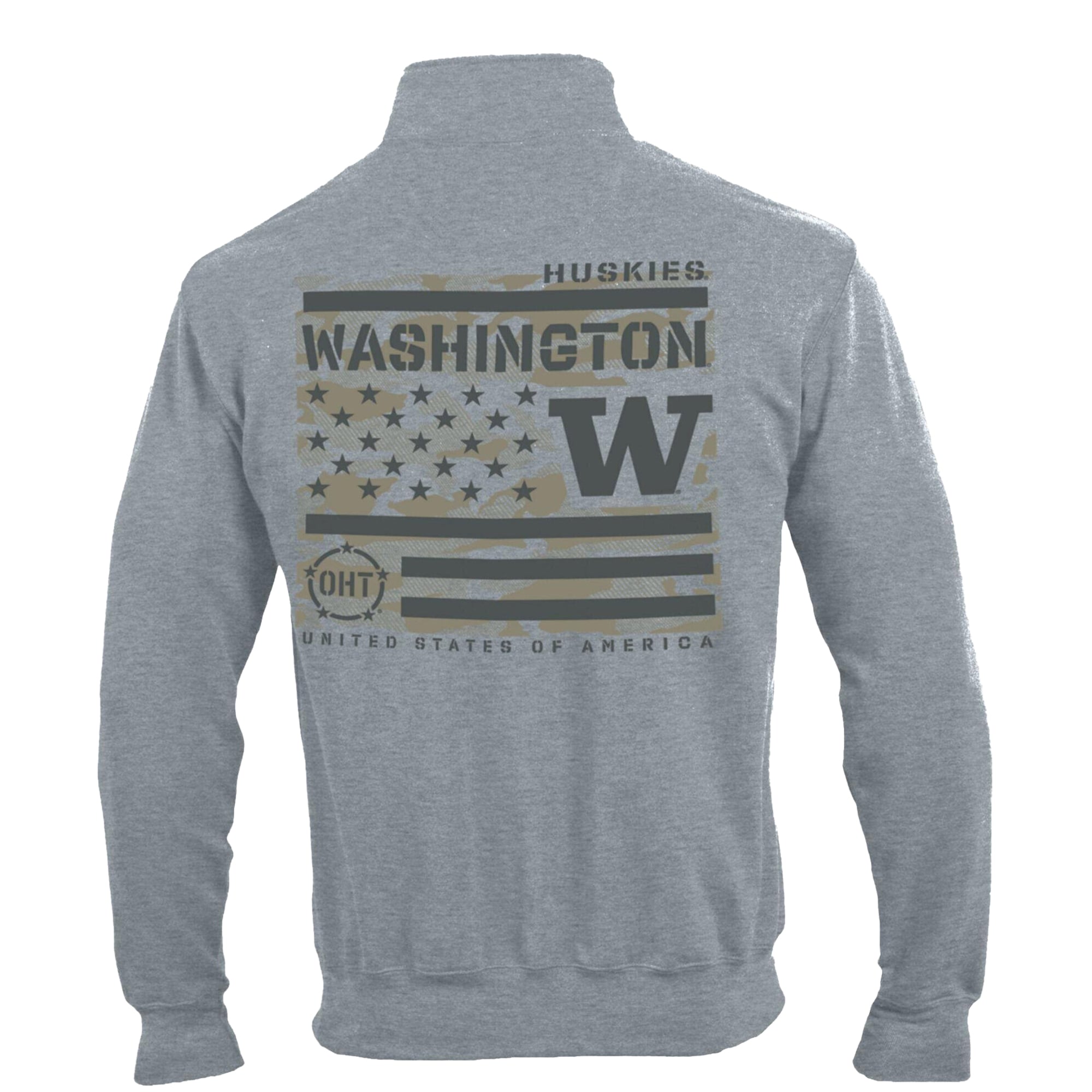 Pull-over à col zippé Champion pour homme, gris chiné, Washington Huskies, motif « Operation Hat Trick Flag », en polaire Powerblend.
