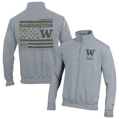  Washington Huskies Champion Operation Hat Trick Flag Powerblend Fleece Quarter-Zip Pullover - Heather Gray