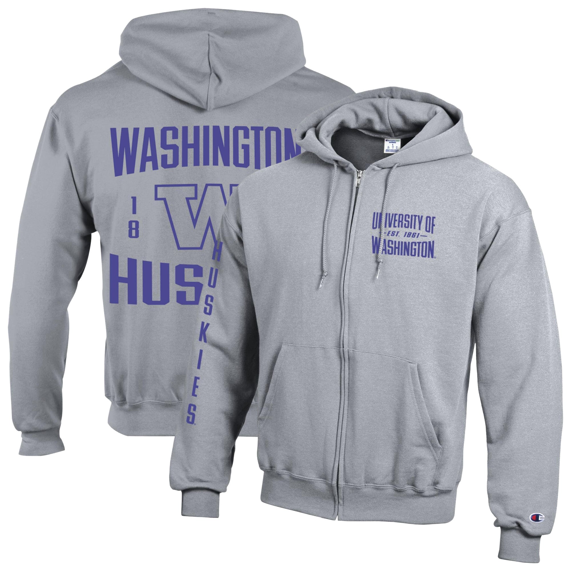 Men's Champion Heather Gray Washington Huskies Varsity Powerblend Full-Zip Fleece Hoodie