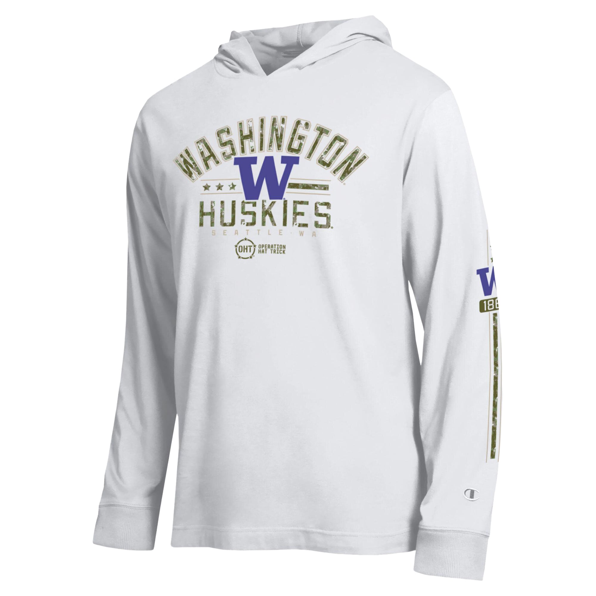 T-shirt à manches longues et capuche Champion White Washington Huskies Operation Hat Trick pour homme