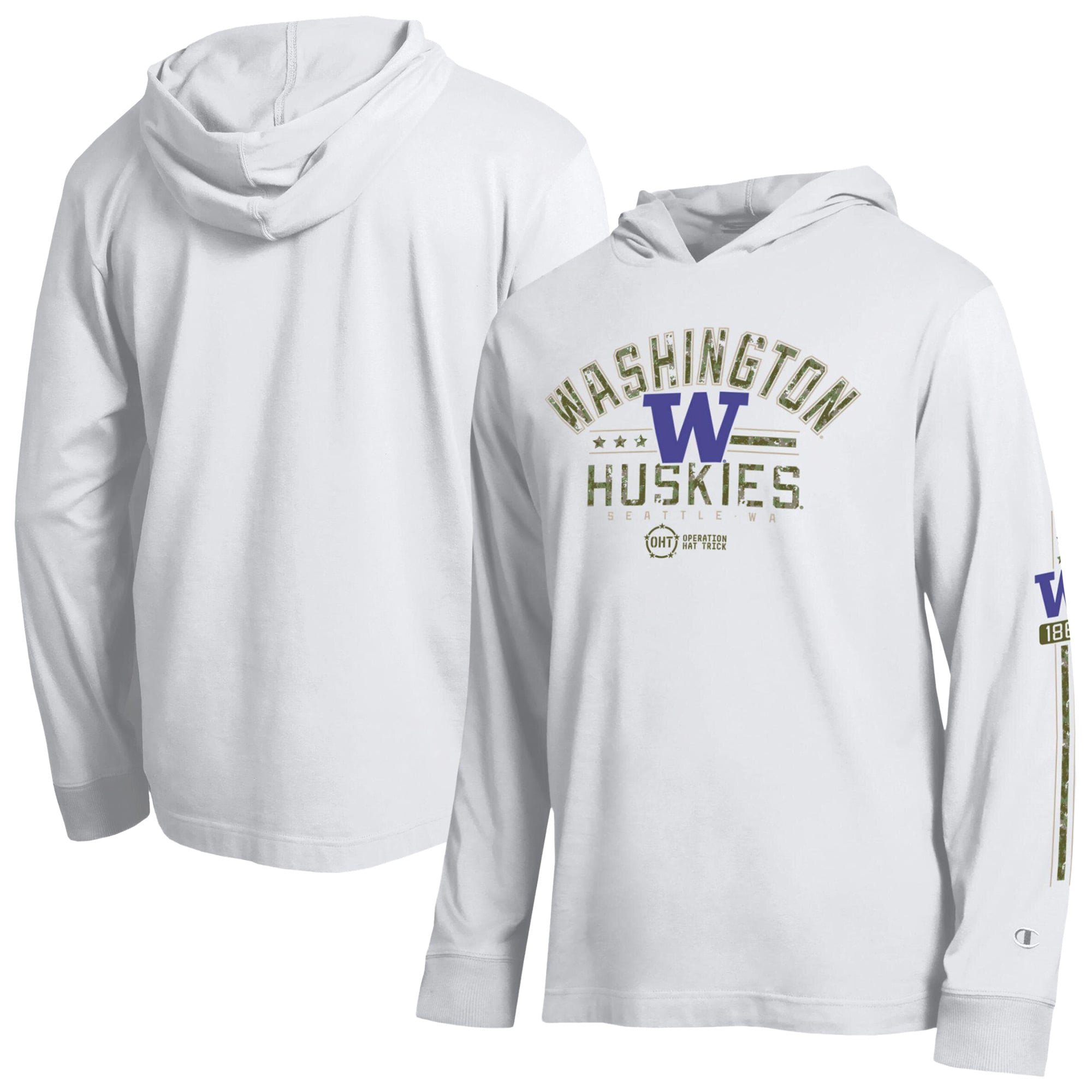 T-shirt à manches longues et capuche Champion White Washington Huskies Operation Hat Trick pour homme