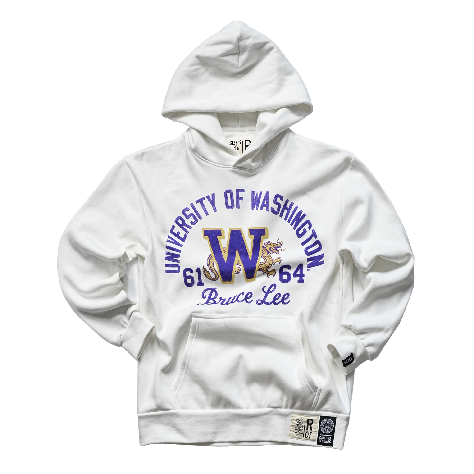 Sweat à capuche épais blanc Roots of Fight x Bruce Lee Washington Huskies Campus Legend pour homme