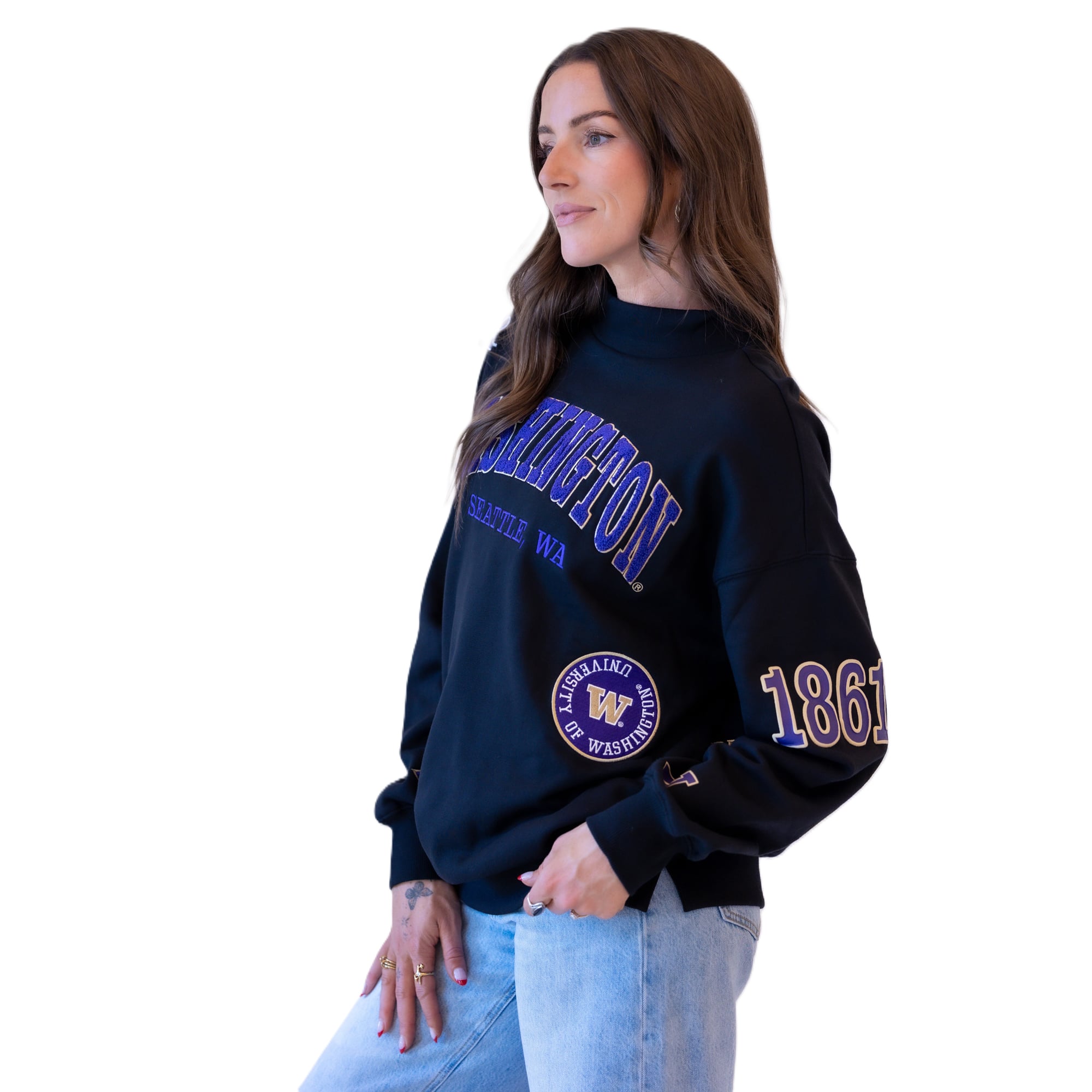 Sweat-shirt à col montant noir écusson Washington Huskies pour femmes, collection Gameday Social