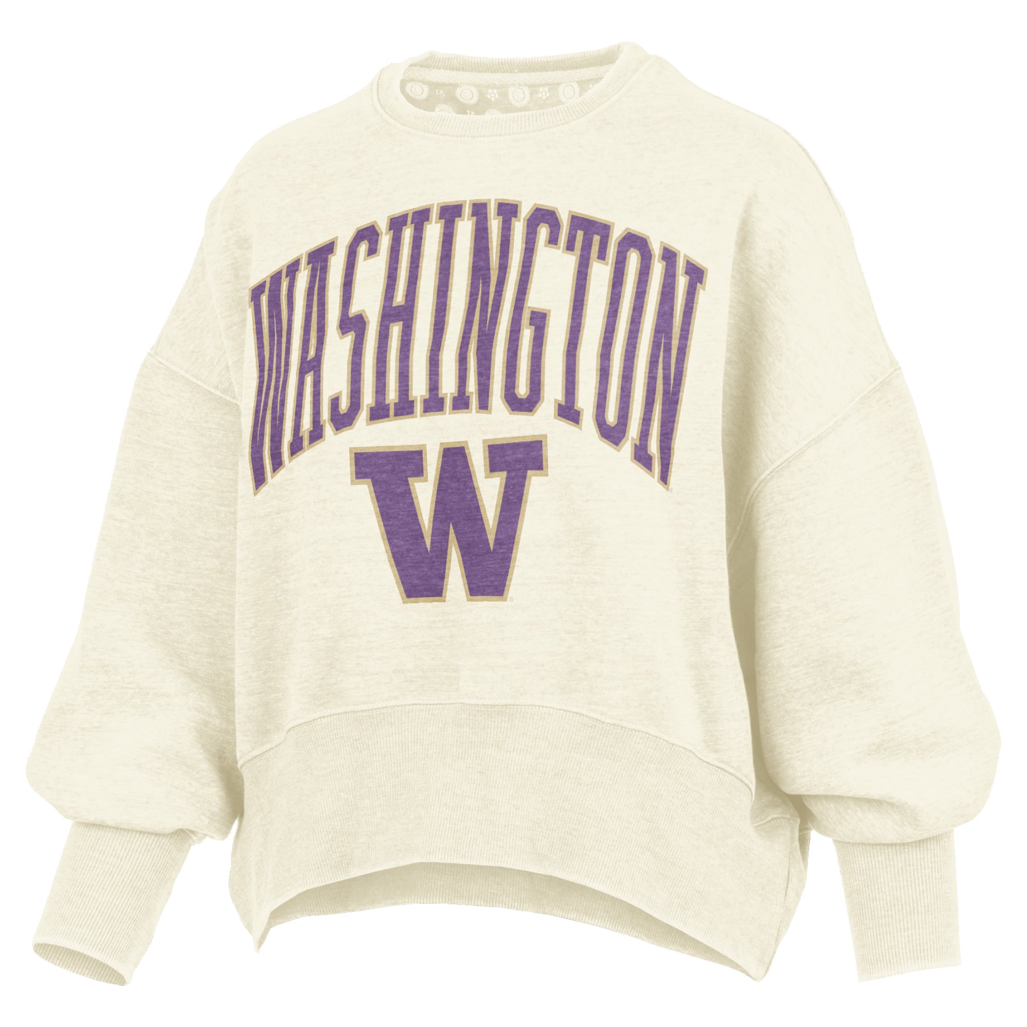 Women's Pressbox Natural Washington Huskies Oversized Waist-Length Crewneck Sweatshirt