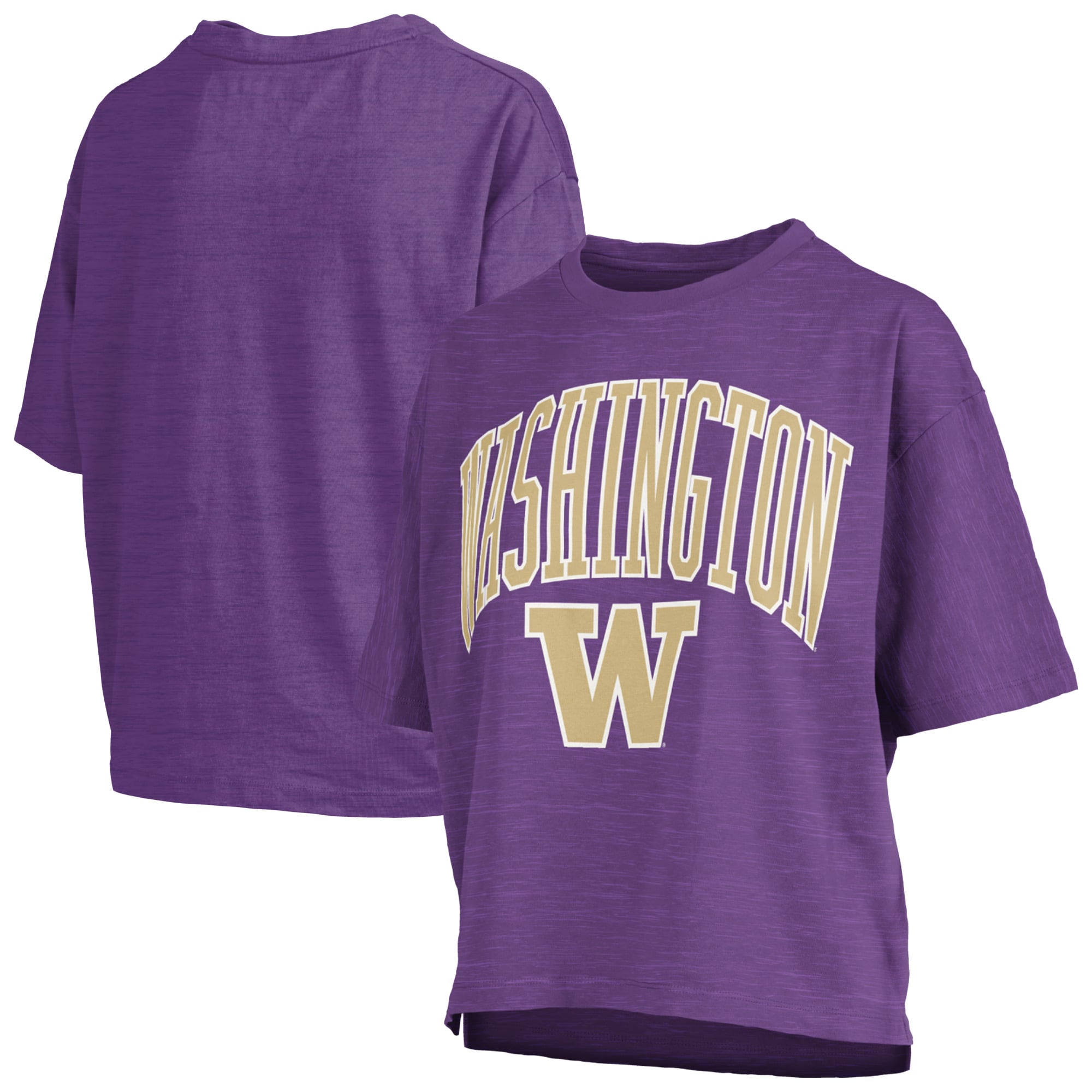 T-shirt oversize Pressbox violet Washington Huskies pour femmes, logo Nelson Arch Over, en flammèche