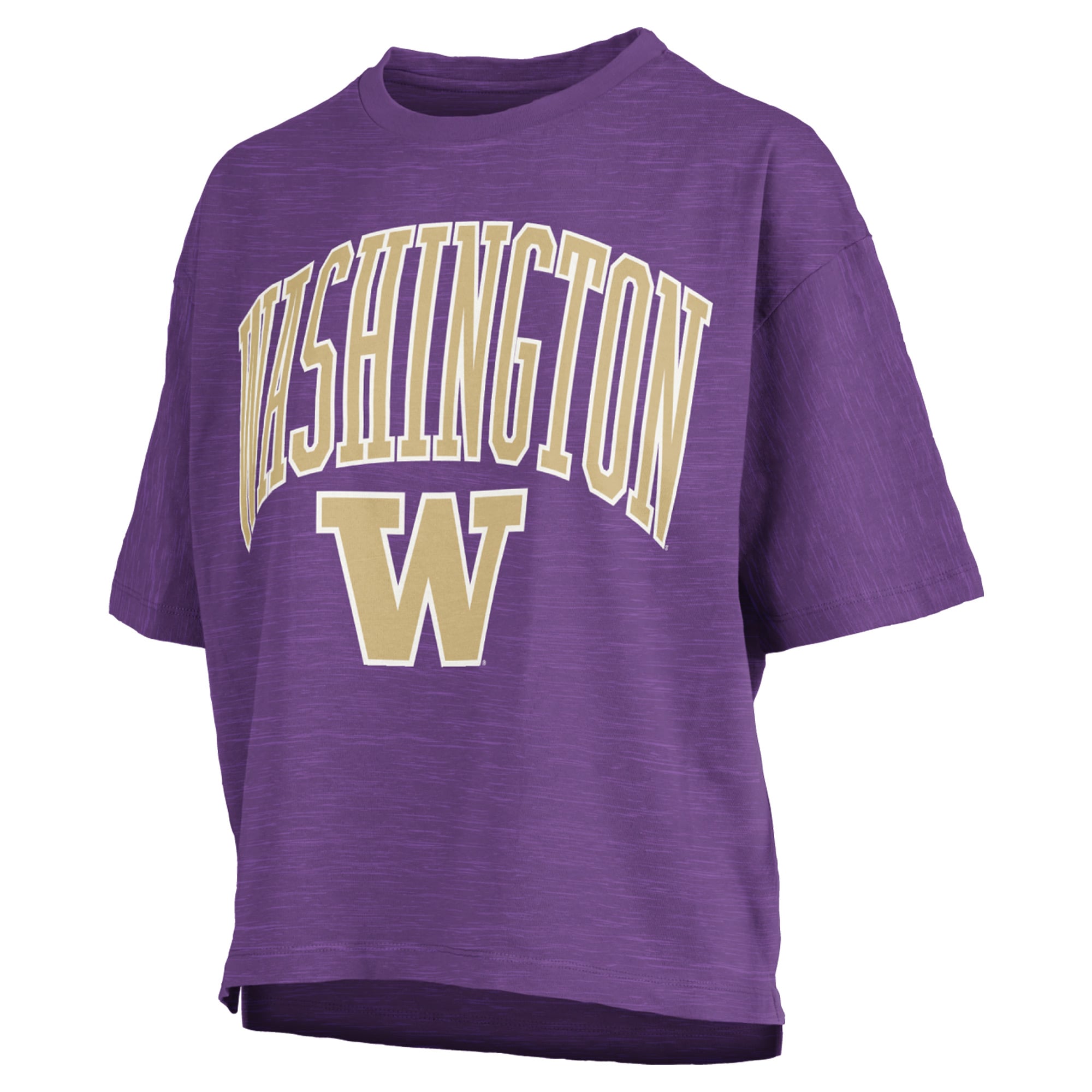 T-shirt oversize Pressbox violet Washington Huskies pour femmes, logo Nelson Arch Over, en flammèche