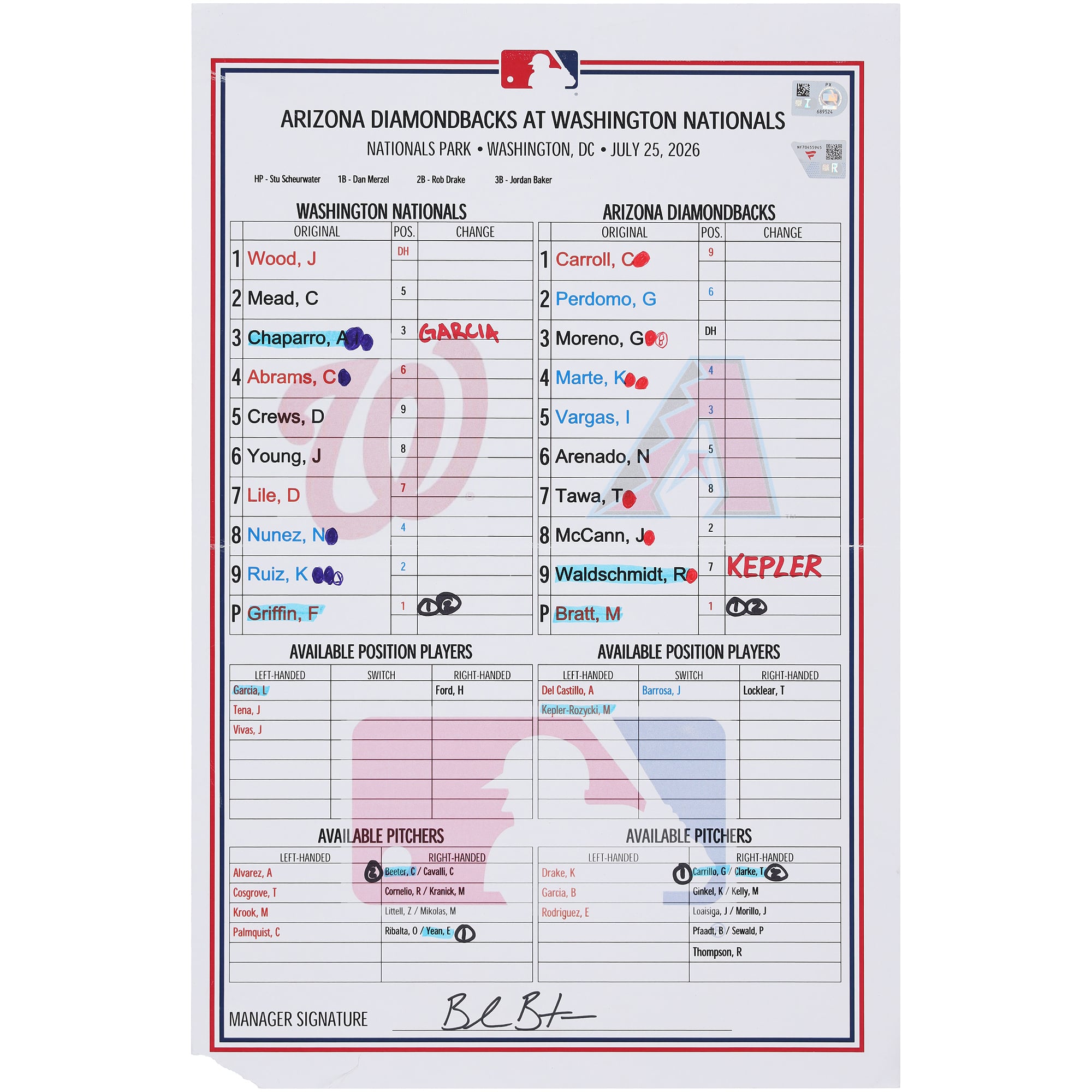 Feuille de composition utilisée par les Washington Nationals lors du match contre les Arizona Diamondbacks le 25 juillet 2026