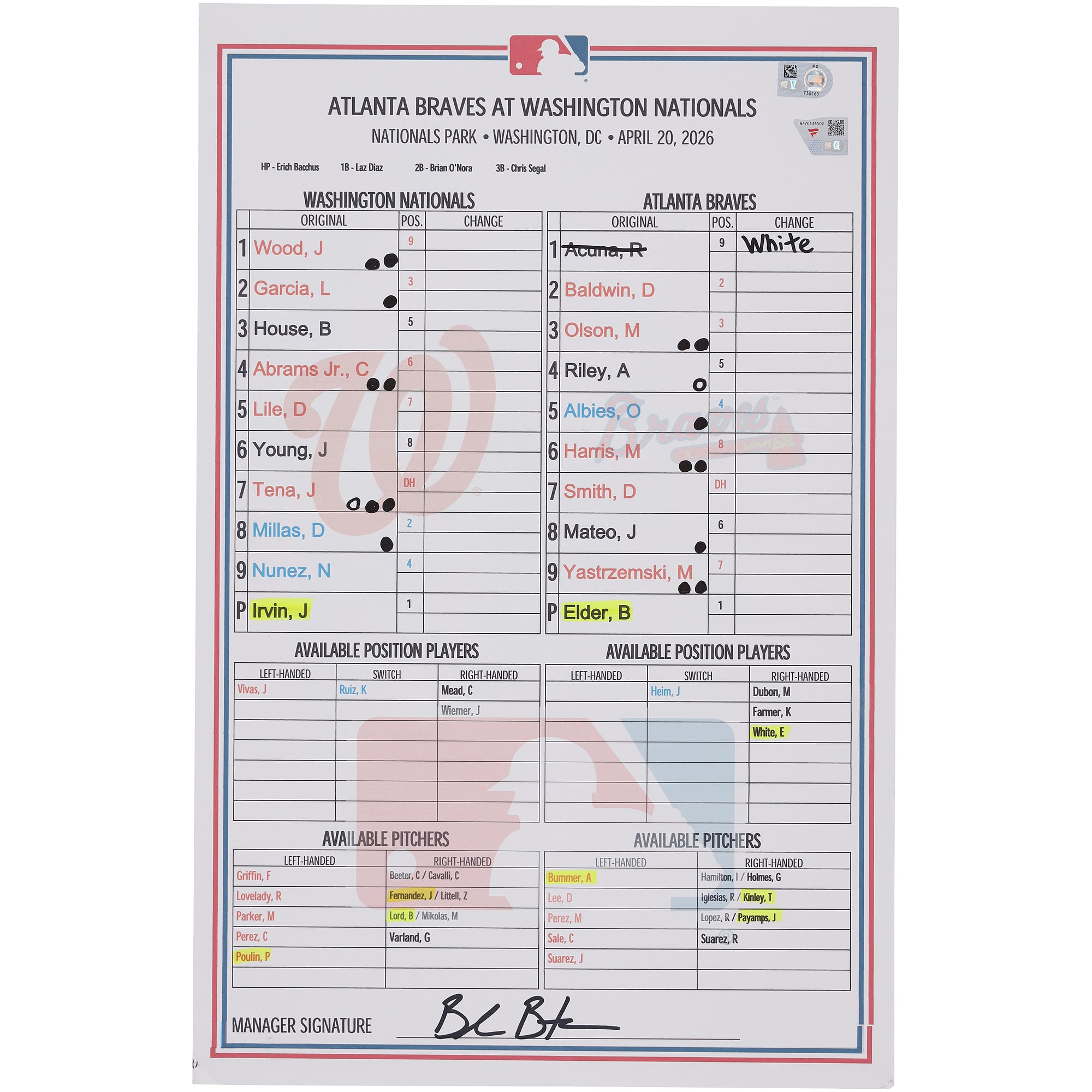 Washington Nationals Game-Used Lineup Card vs. Atlanta Braves on April 20, 2026
