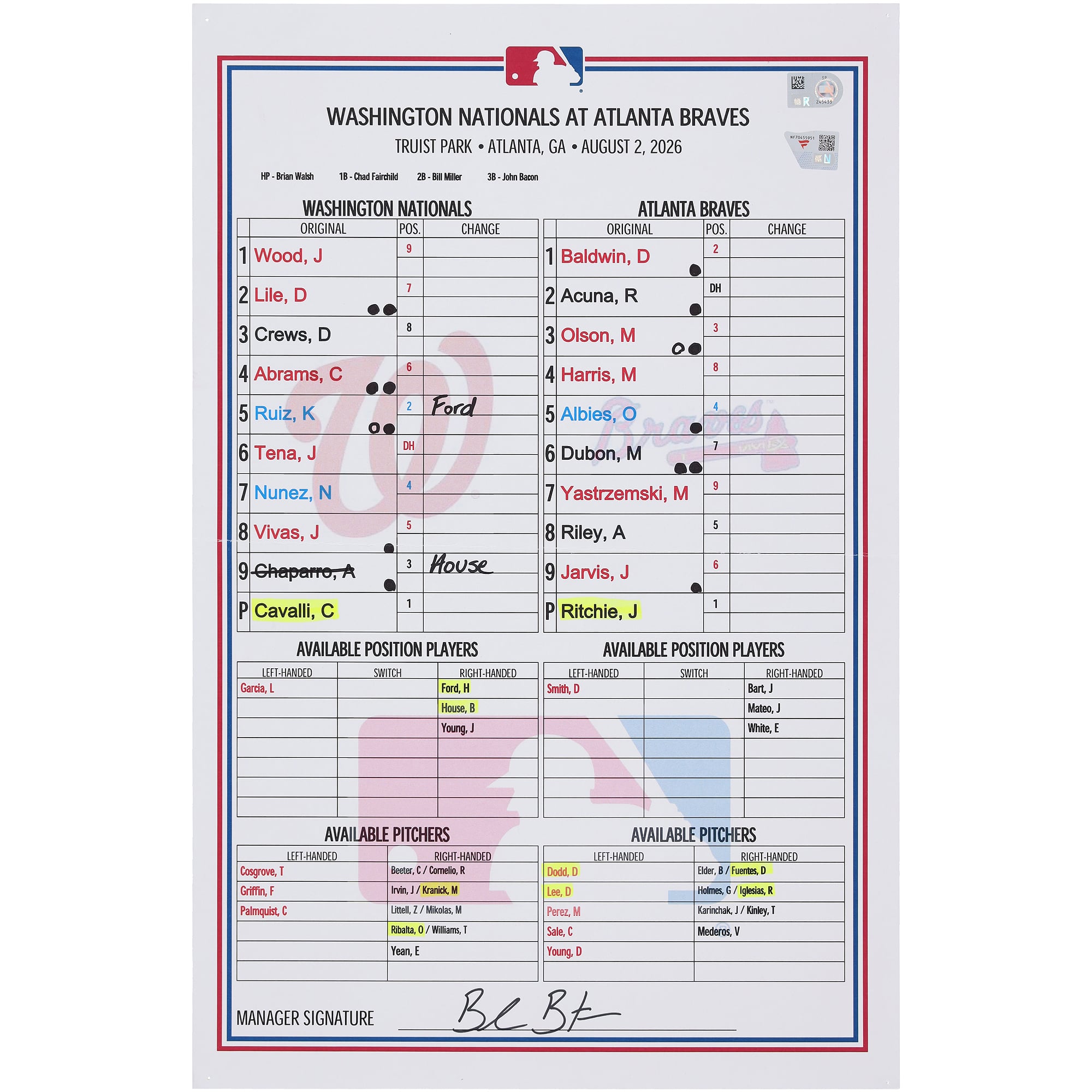 Feuille de composition utilisée par les Washington Nationals lors du match contre les Atlanta Braves le 2 août 2026