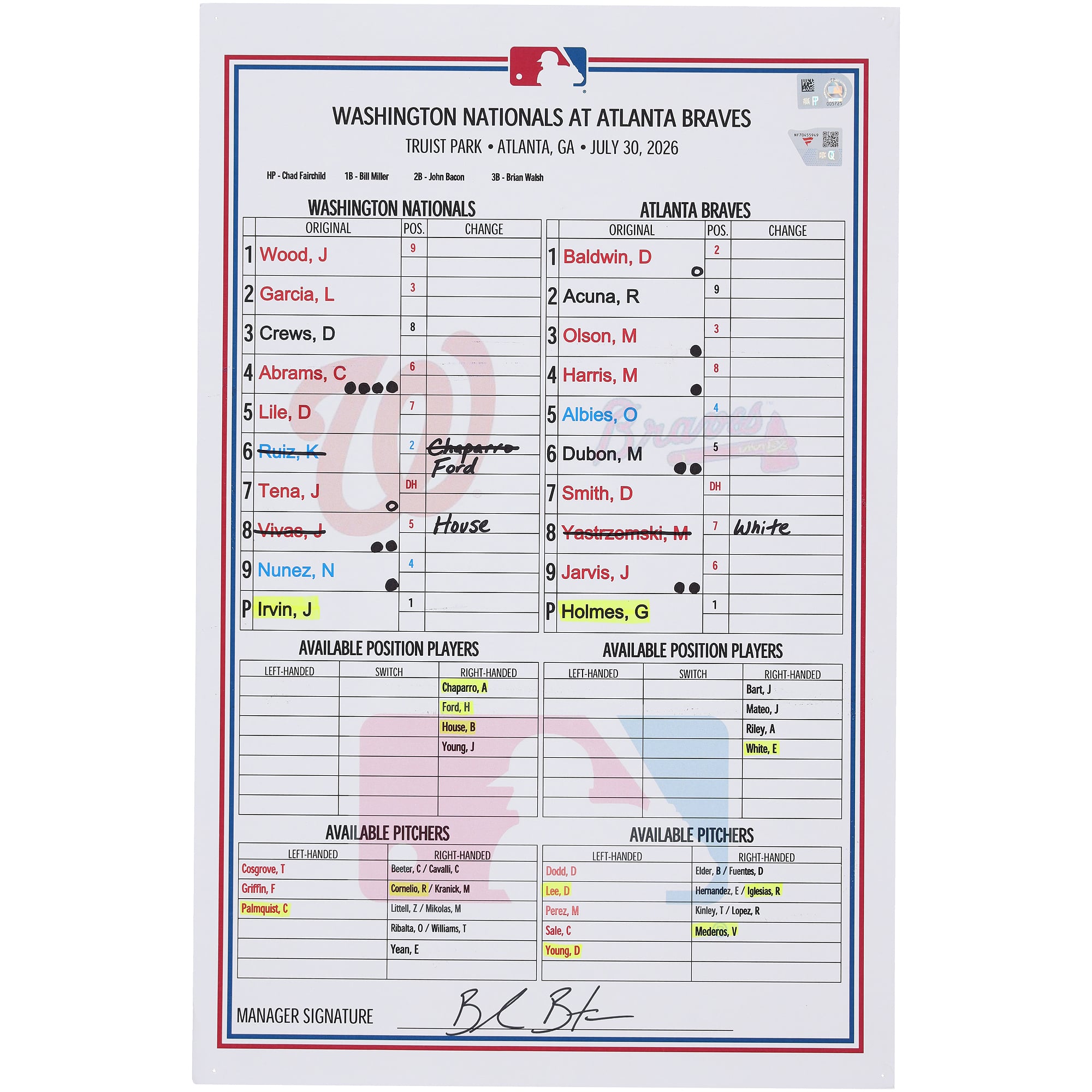Feuille de composition utilisée par les Washington Nationals lors du match contre les Atlanta Braves le juillet 2026