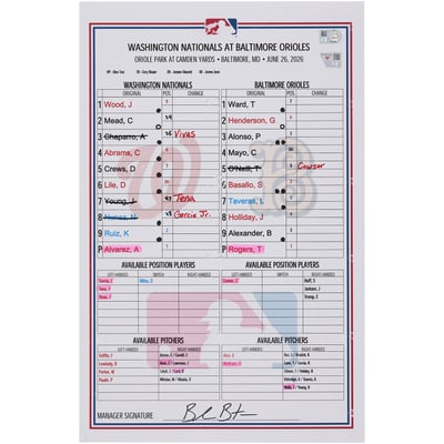  Washington Nationals Fanatics Authentic Game-Used Lineup Card vs. Baltimore Orioles on June 26, 2026  