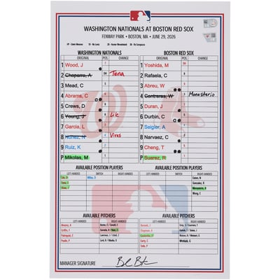  Washington Nationals Fanatics Authentic Game-Used Lineup Card vs. Boston Red Sox on June 29, 2026  