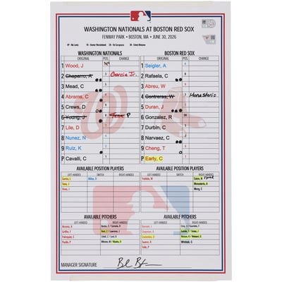  Washington Nationals Fanatics Authentic Game-Used Lineup Card vs. Boston Red Sox on June 30, 2026  