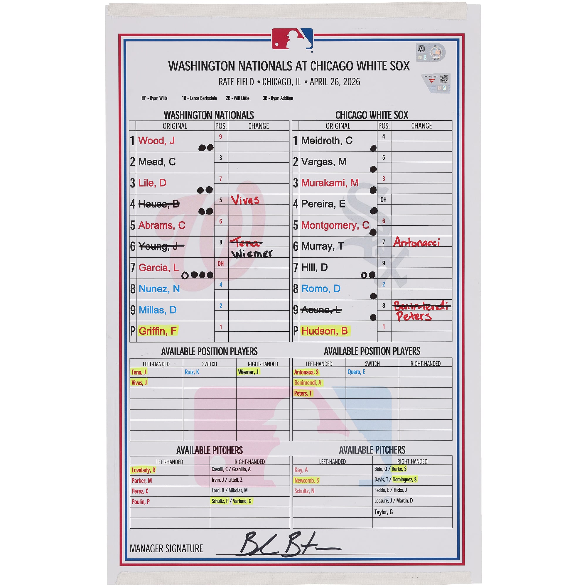 Washington Nationals Game-Used Lineup Card vs. Chicago White Sox on April 26, 2026