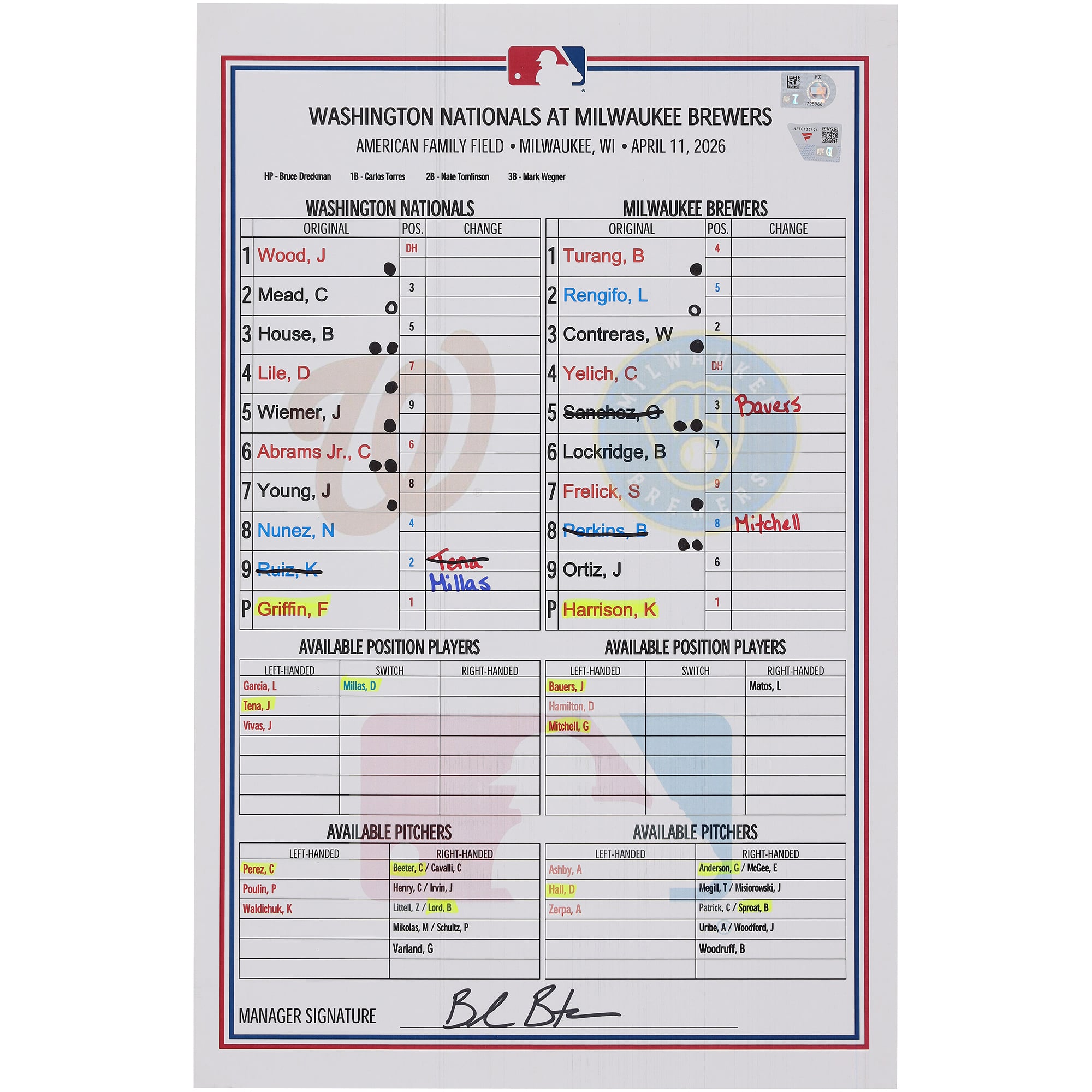 Washington Nationals Game-Used Lineup Card vs. Milwaukee Brewers on April 11, 2026