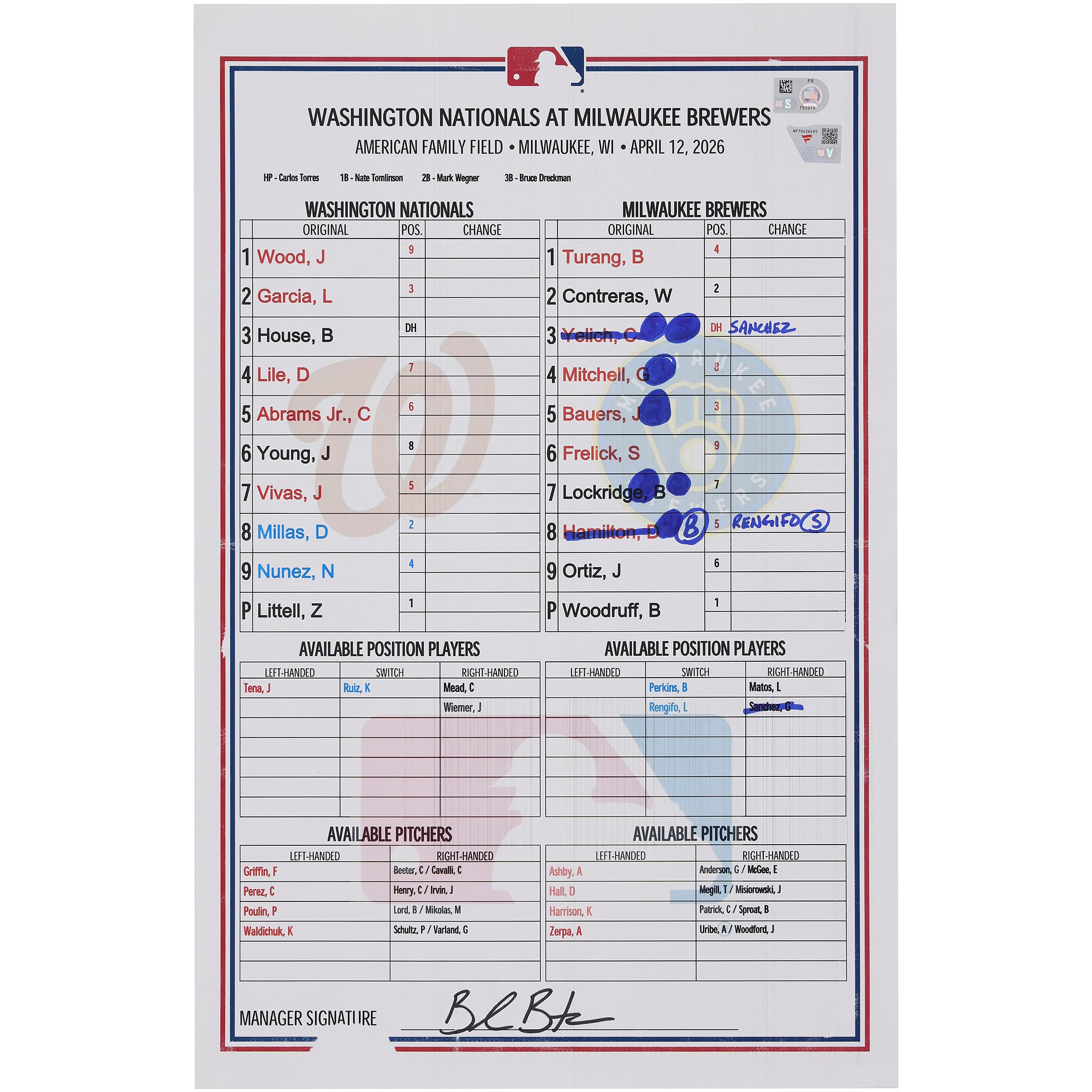 Washington Nationals Game-Used Lineup Card vs. Milwaukee Brewers on April 12, 2026