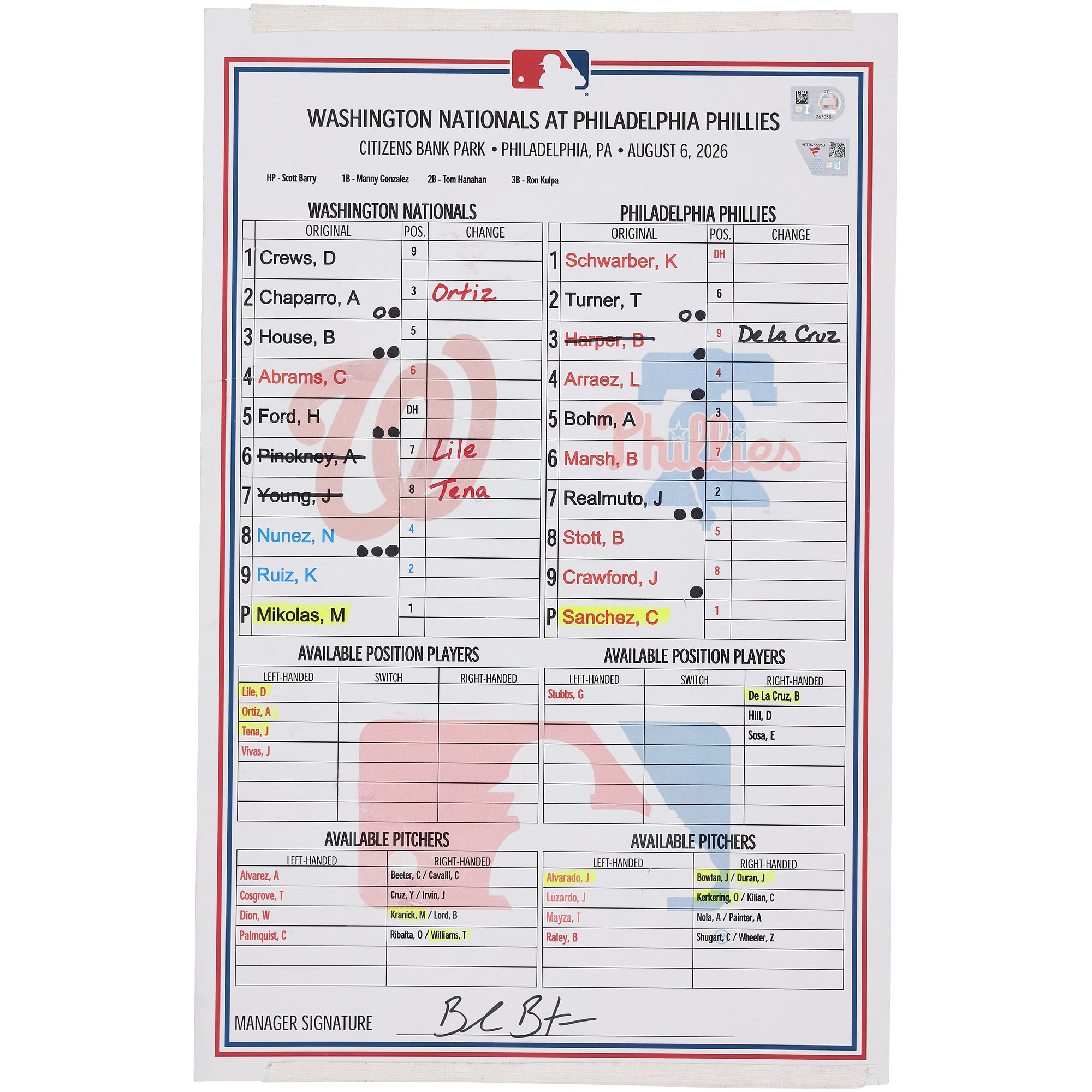 Washington Nationals Game-Used Lineup Card vs. Philadelphia Phillies on August 6, 2026