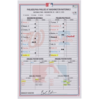  Washington Nationals Fanatics Authentic Game-Used Lineup Card vs. Philadelphia Phillies on June 22, 2026  