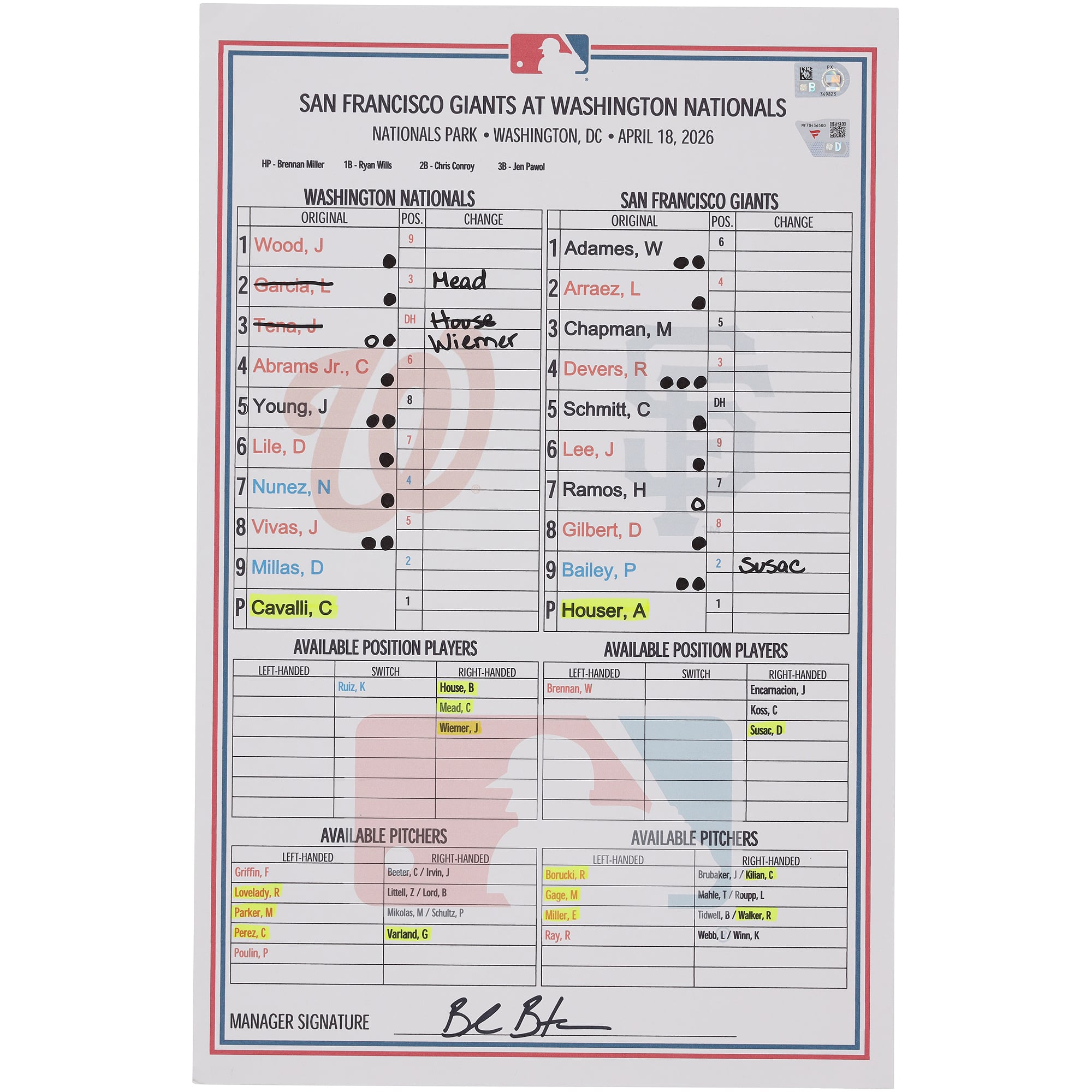 Washington Nationals Game-Used Lineup Card vs. San Francisco Giants on April 18, 2026