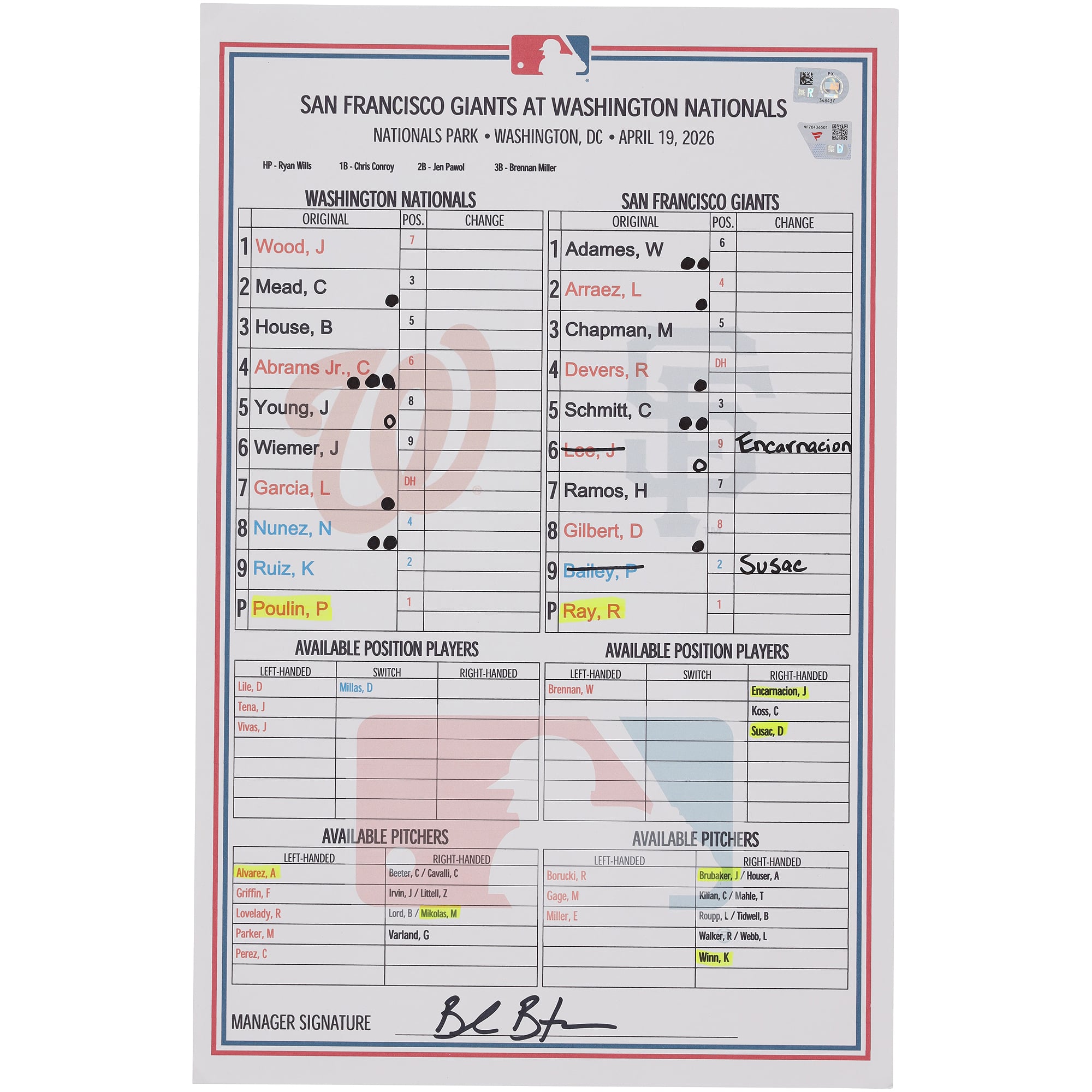 Washington Nationals Game-Used Lineup Card vs. San Francisco Giants on April 19, 2026