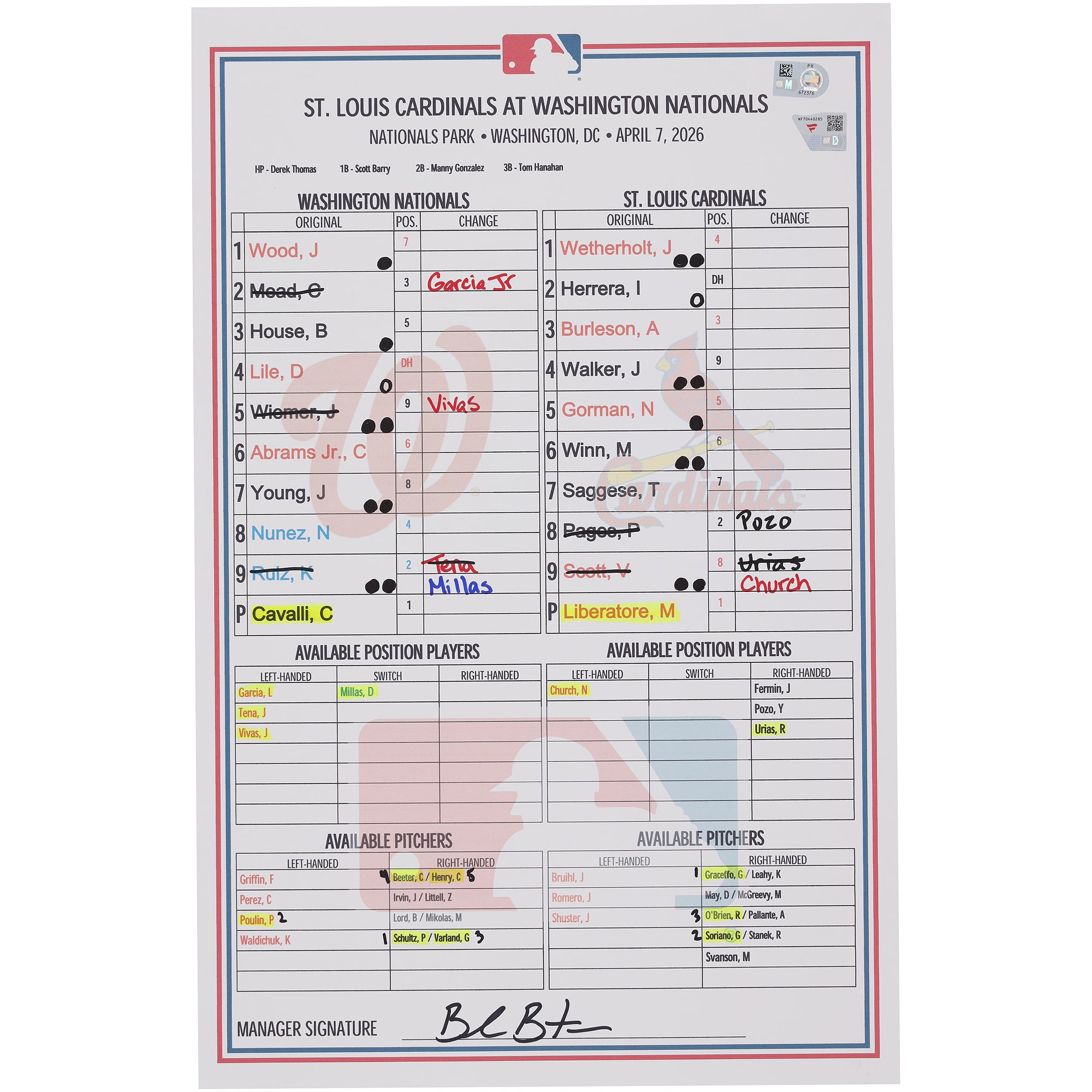 Washington Nationals Game-Used Lineup Card vs. St. Louis Cardinals on April 7, 2026