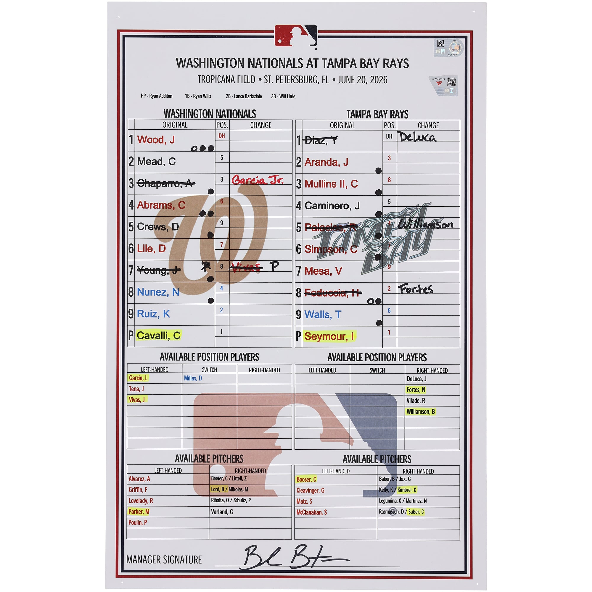 Washington Nationals Game-Used Lineup Card vs. Tampa Bay Rays on June 20, 2026