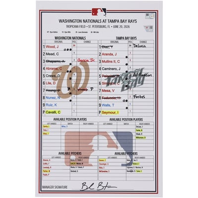  Washington Nationals Fanatics Authentic Game-Used Lineup Card vs. Tampa Bay Rays on June 20, 2026  