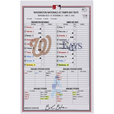  Washington Nationals Fanatics Authentic Game-Used Lineup Card vs. Tampa Bay Rays on June 21, 2026  