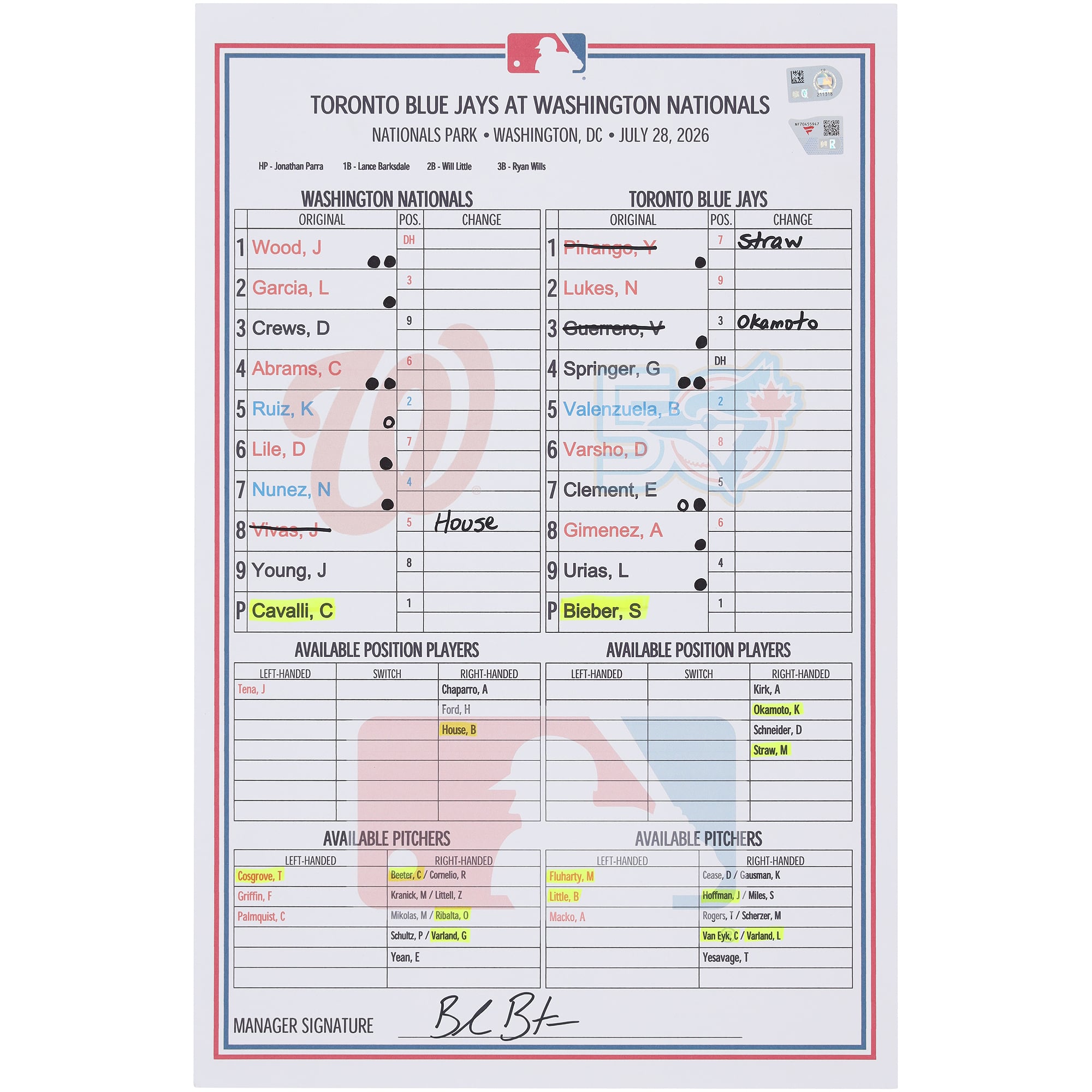 Feuille de composition utilisée par les Nationals de Washington lors du match contre les Blue Jays de Toronto le juillet 2026