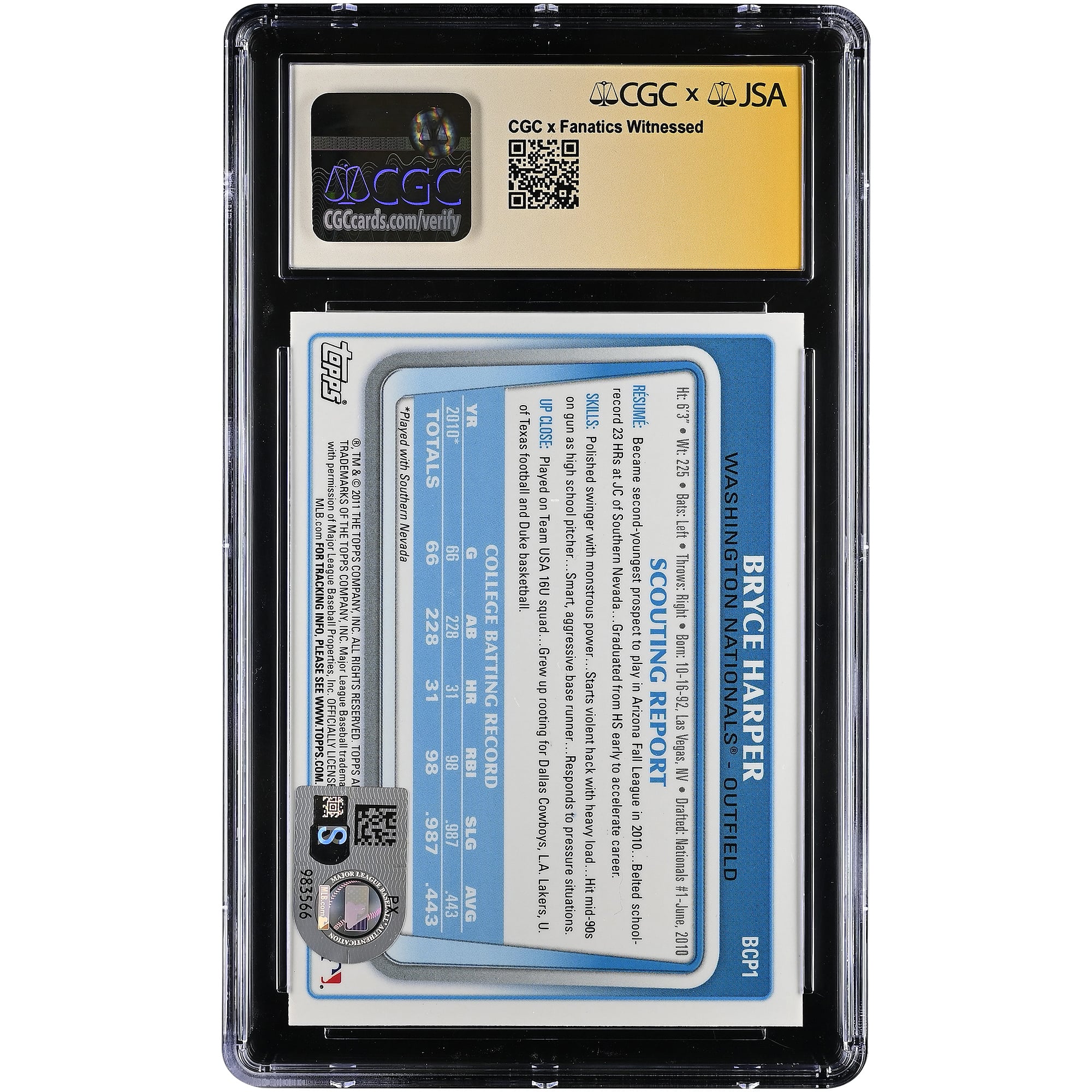 Bryce Harper Washington Nationals Autographed 2011 Bowman Chrome Prospects #BCP1 CGC Authenticated 9/10 Card