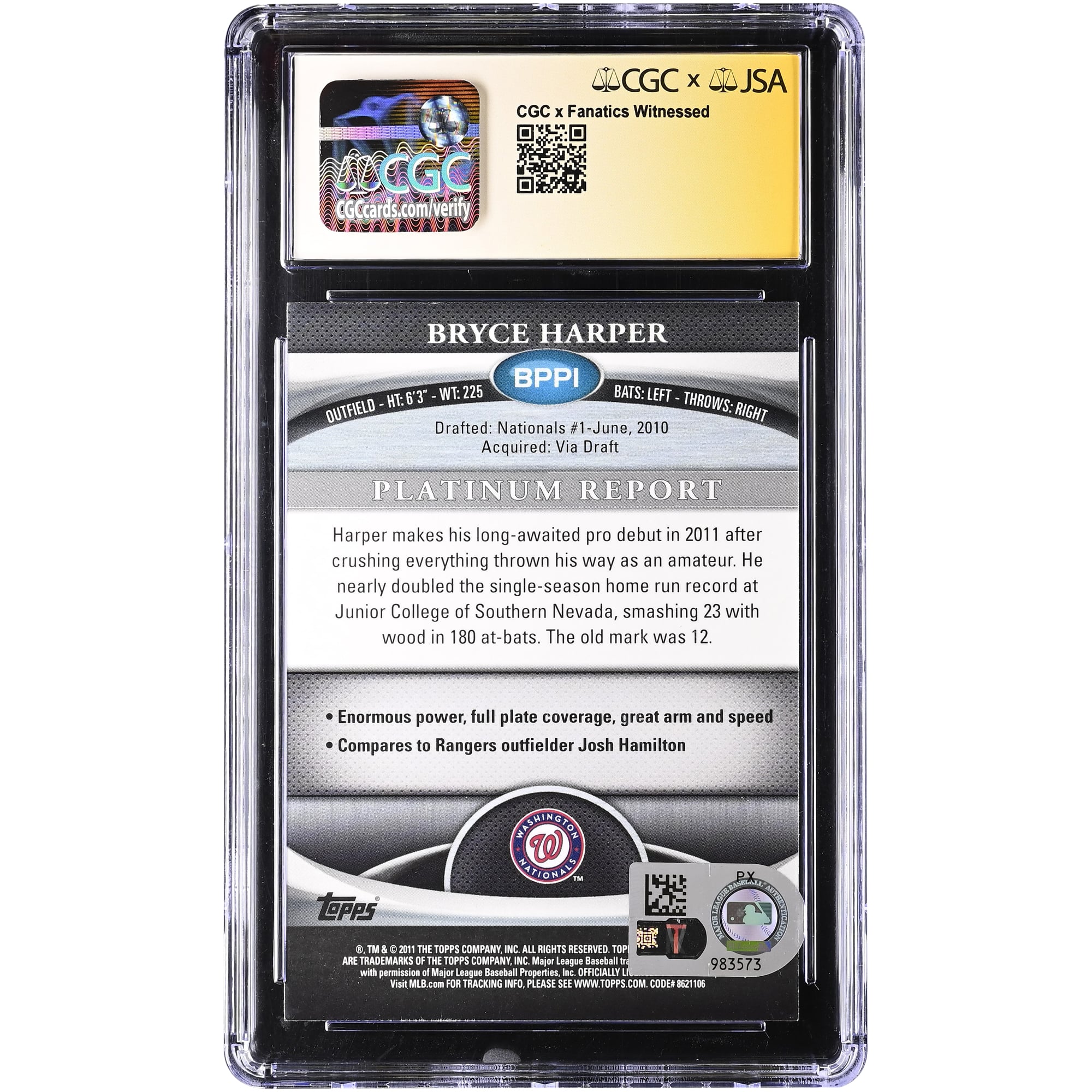 Bryce Harper Washington Nationals Autographed 2011 Bowman Platinum Prospects Purple Refractor #BPP1 CGC Authenticated Auto 10 Card