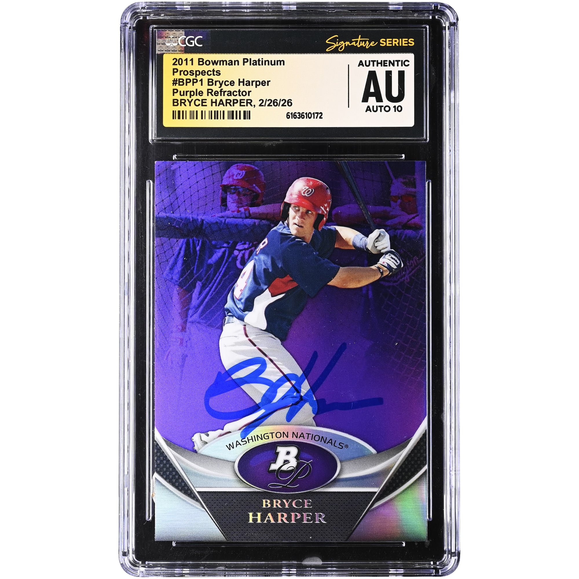 Bryce Harper Washington Nationals Autographed 2011 Bowman Platinum Prospects Purple Refractor #BPP1 CGC Authenticated Auto 10 Card