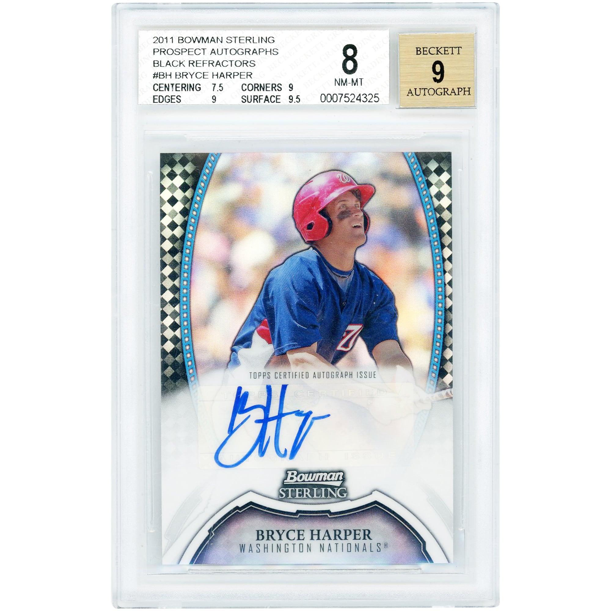 Carte autographiée par Bryce Harper (Washington Nationals), Bowman Sterling Prospect Black Refractor 2011, n° BSP-BH, n° 4/25, authentifiée par BGS (8/9).